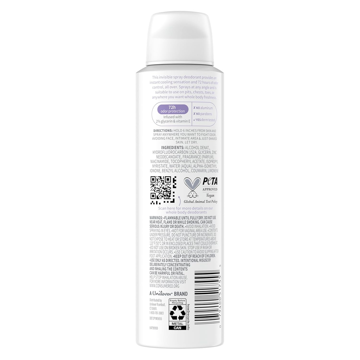 Dove Whole Body Deo Aluminum Free Invisible Spray Deodorant Coconut & Vanilla for 72h Odor Control 4 oz - Image 2