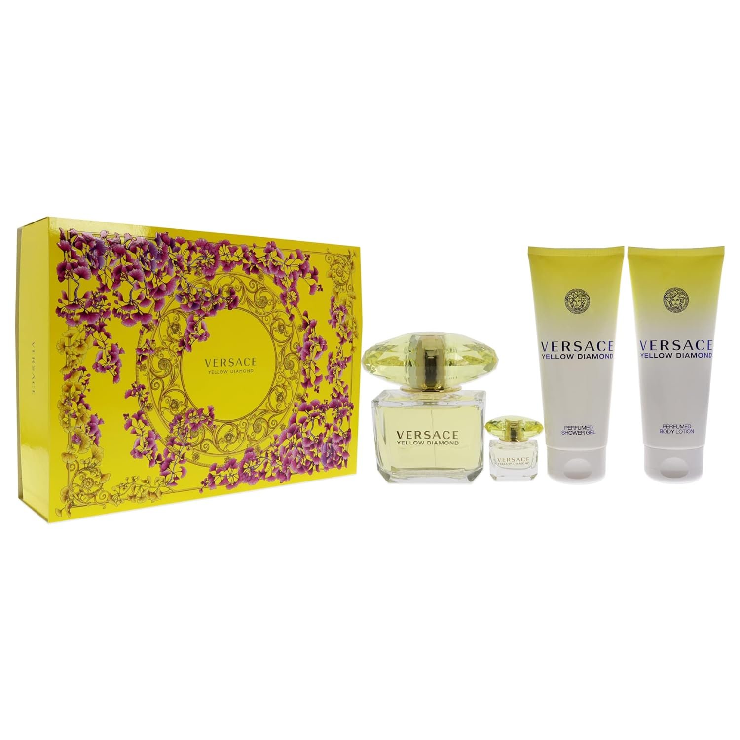 Versace Versace Yellow Diamond 3oz EDT Spray, 3.4oz Shower Gel, 3.4oz Body Lotion, 5ml EDT Rollerball Mini Women 4 Pc Gift Set - Image 3