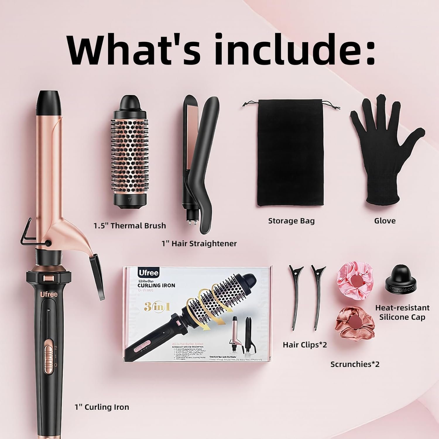 Ufree 3 in 1 Curling Iron, Curling Wand Set with Thermal Brush Flat Iron Hair Straightener, Dual Voltage Wand Curler, Instant Heat Up Hair Curler, Include Protective Glove 2 Clips, Gifts for Women - Image 8
