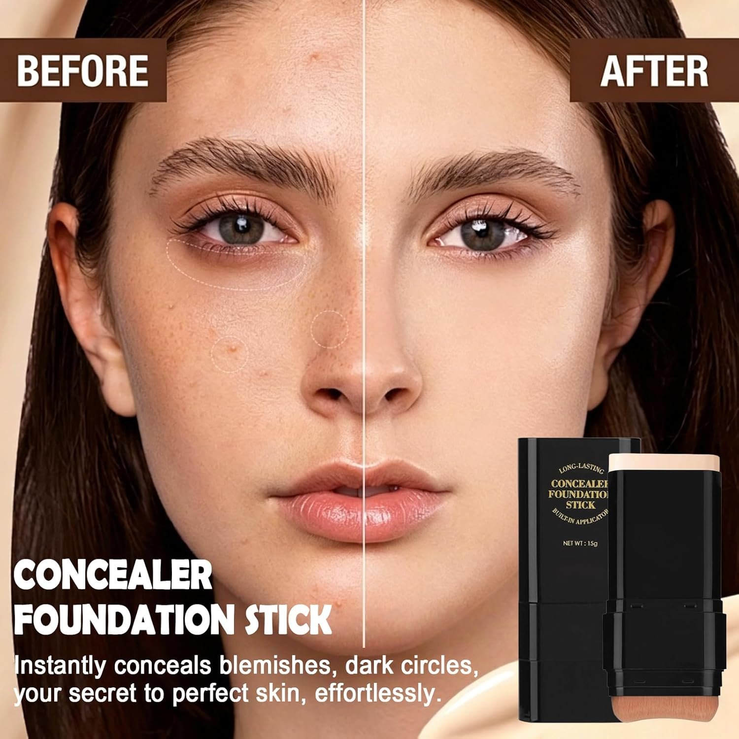 Foundation Stick, 2 in 1 Dual-Ended Long-Lasting Concealer Korean Foundation Contour Stick, Waterproof Contouring foundation with Brush, Full Coverage Matte Finish for Face Makeup(02#NATURAL) - Image 4