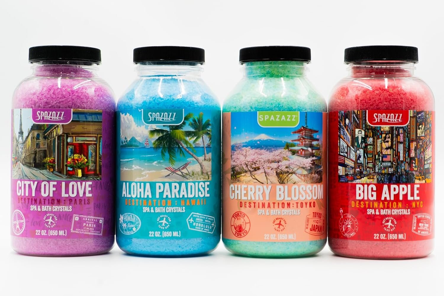 Hot Tub & Spa Aromatherapy Bath Salt Crystal Scents Spazazz Destinations Collection Bundle Aloha Paradise, Big Apple, City of Love, Cherry Blossom - Skin Moisturizer - Will Not Damage Spas & Hot Tubs - Image 8