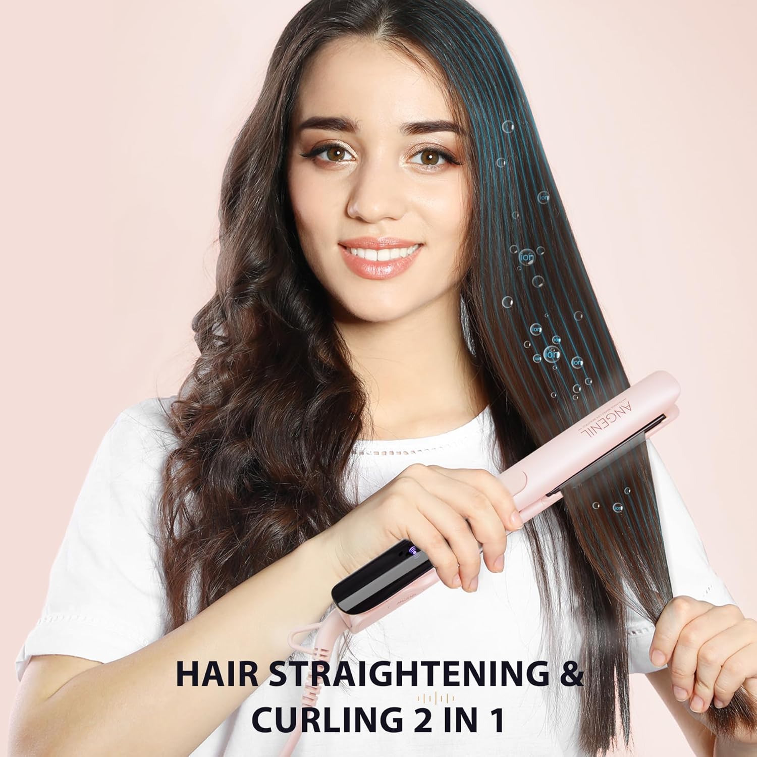ANGENIL Pro Titanium Flat Iron Hair Straightener and Curler 2 in 1 with Heat Resistant Silicone Mat, Round Pink Dual Voltage Hair Straightener Irons, Smoothness, Large LCD Display, 20s Fast Heating - Image 2
