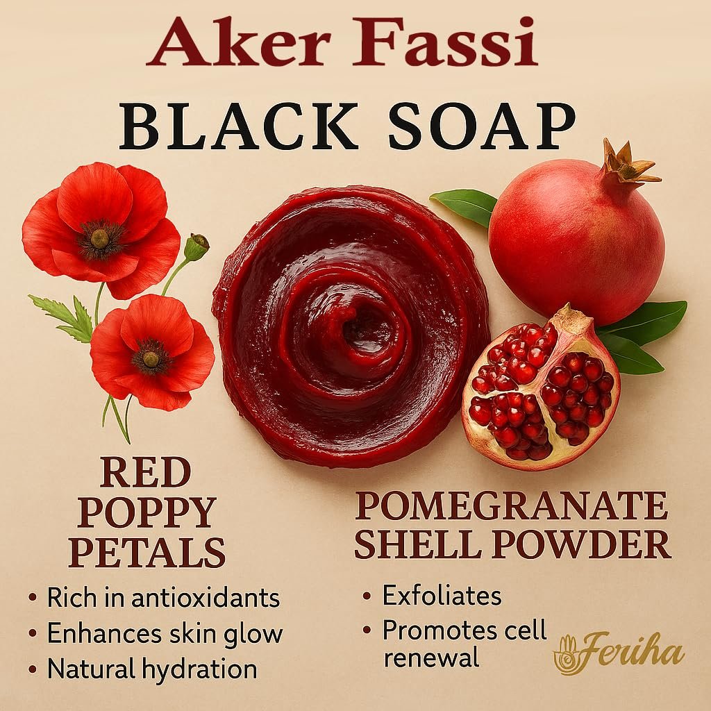 FERIHA Moroccan Black Soap with Aker Fassi – Red Poppy Petals & Pomegranate Shell – 100% Natural Artisan Beldi Hammam Soap for Radiance, Skin Firming & Deep Cleansing – Sourced & Crafted in Morocco - Image 3