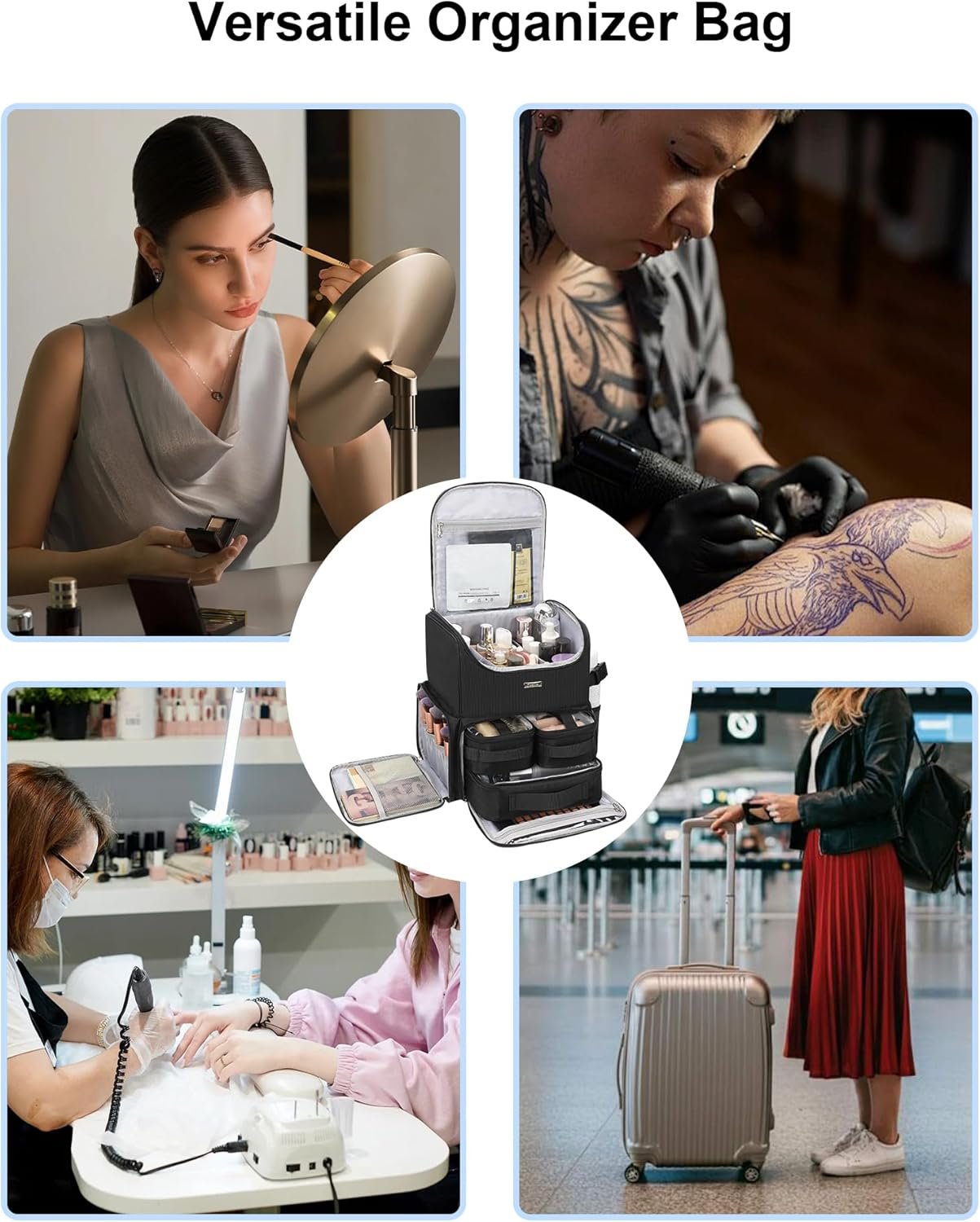 Relavel Makeup Backpack Large Makeup Bag with 3 Clear Set Bags, Dual Layer Professional Cosmetic Organizer Travel Train Case Makeup Artist Kit with Adjustable Dividers & Easy to Clean Lining, Black - Image 8