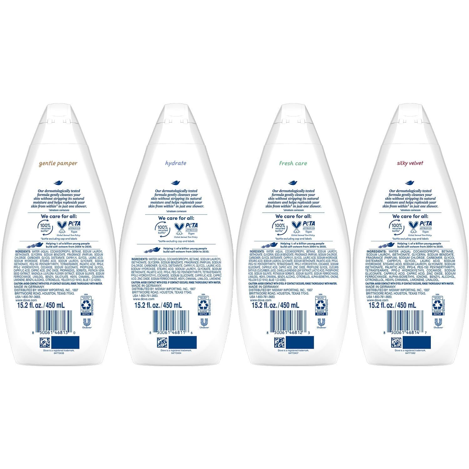 Dove Body Wash Variety 6-Pack – Hydrate, Gentle Pamper, Fresh Care, and Silky Velvet, 15.2 Oz Ea - Image 2