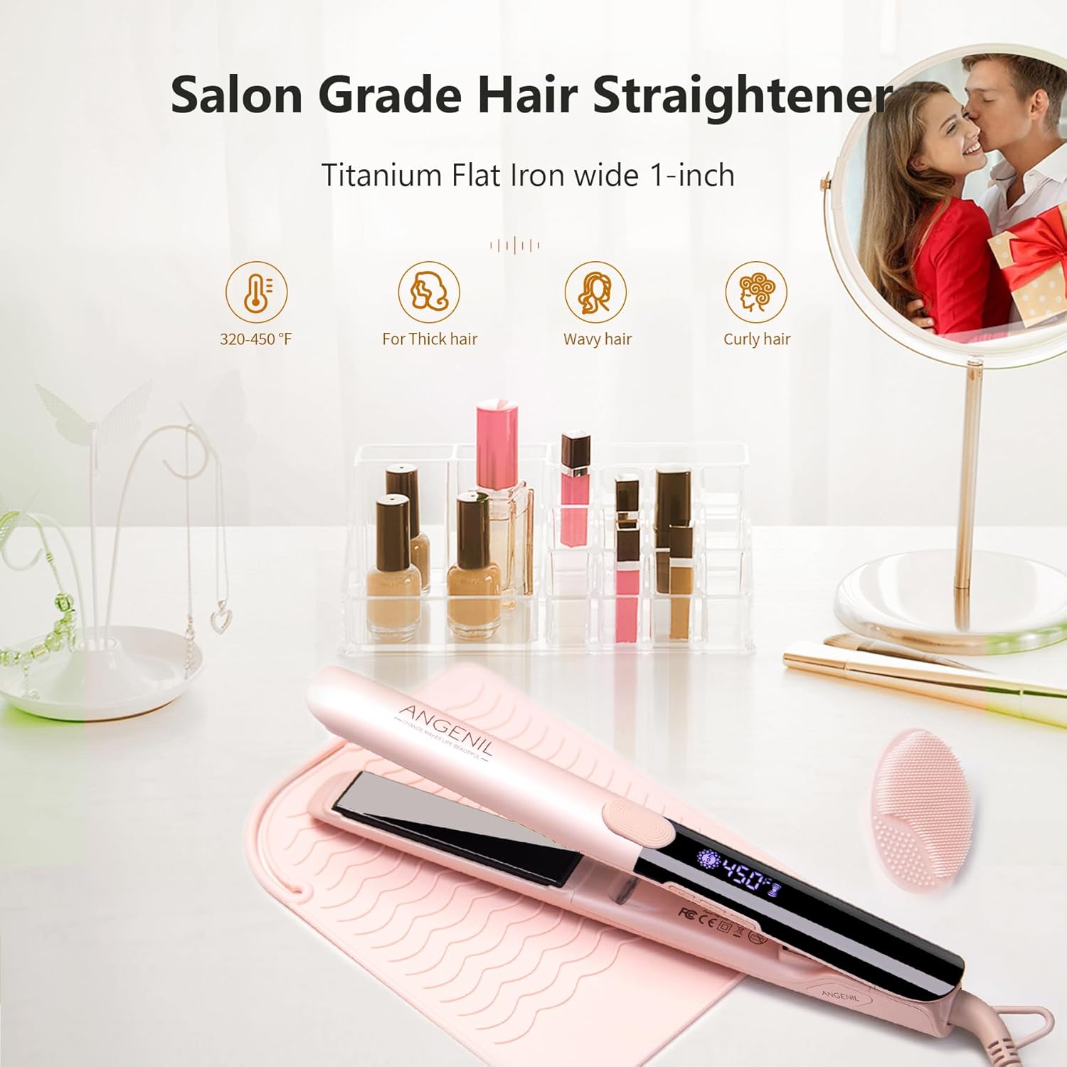 ANGENIL Pro Titanium Flat Iron Hair Straightener and Curler 2 in 1 with Heat Resistant Silicone Mat, Round Pink Dual Voltage Hair Straightener Irons, Smoothness, Large LCD Display, 20s Fast Heating - Image 9