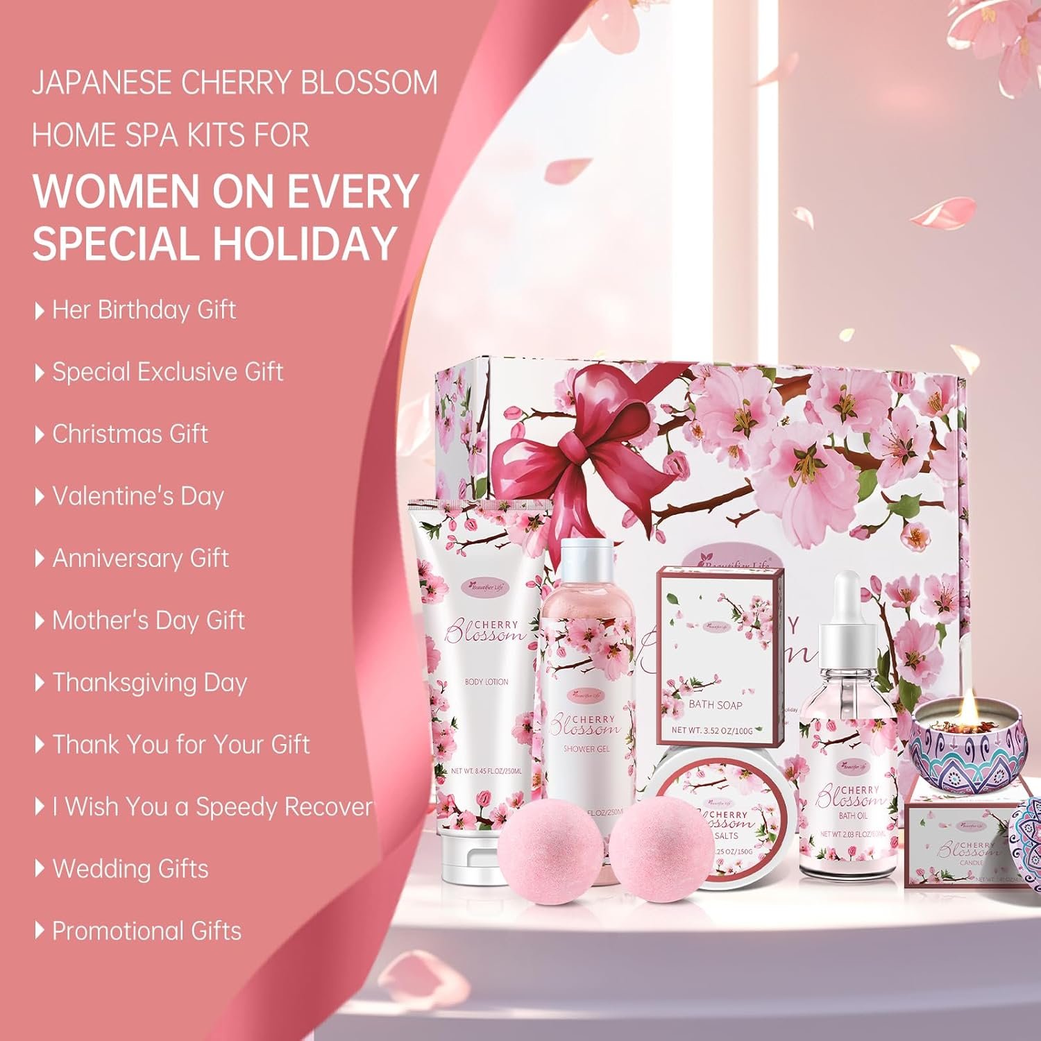 Beautifier Life Bath and Body Gift Set for Women - Luxurious Home Spa Gift Set,Japanese Cherry Blossom 7-Piece Set Including Shower Gel,Body Lotion,Bath Oil,Bath Salt,Soap,Bath Bombs and Candle - Image 8