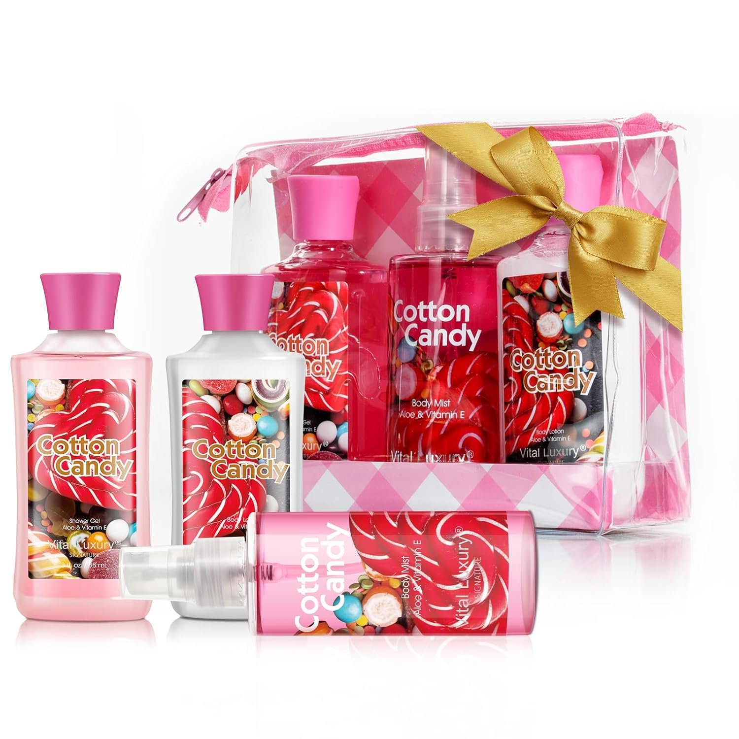 Bath and Body Gift Set, Cotton Candy Scented, 3-Piece Travel Size Collection, Shower Gel, Body Lotion, Body Mist, 3 Fl Oz Each (Cotton Candy)