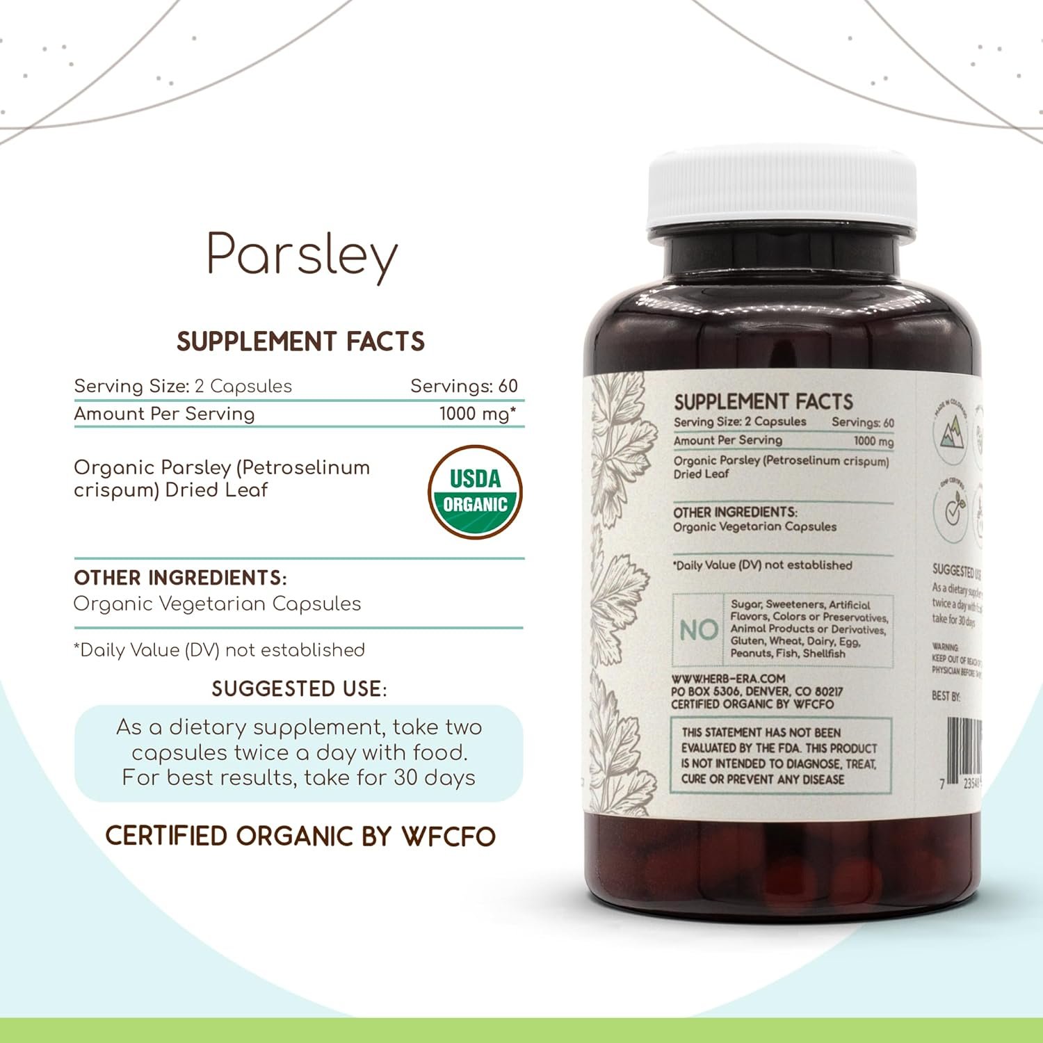 HerbEra Parsley USDA Organic 120 Capsules | Natural Herbal Supplement | Certified Organic Vegetarian Capsules and Organic Parsley (Petroselinum crispum) Dried Leaf (120 Capsules) - Image 3