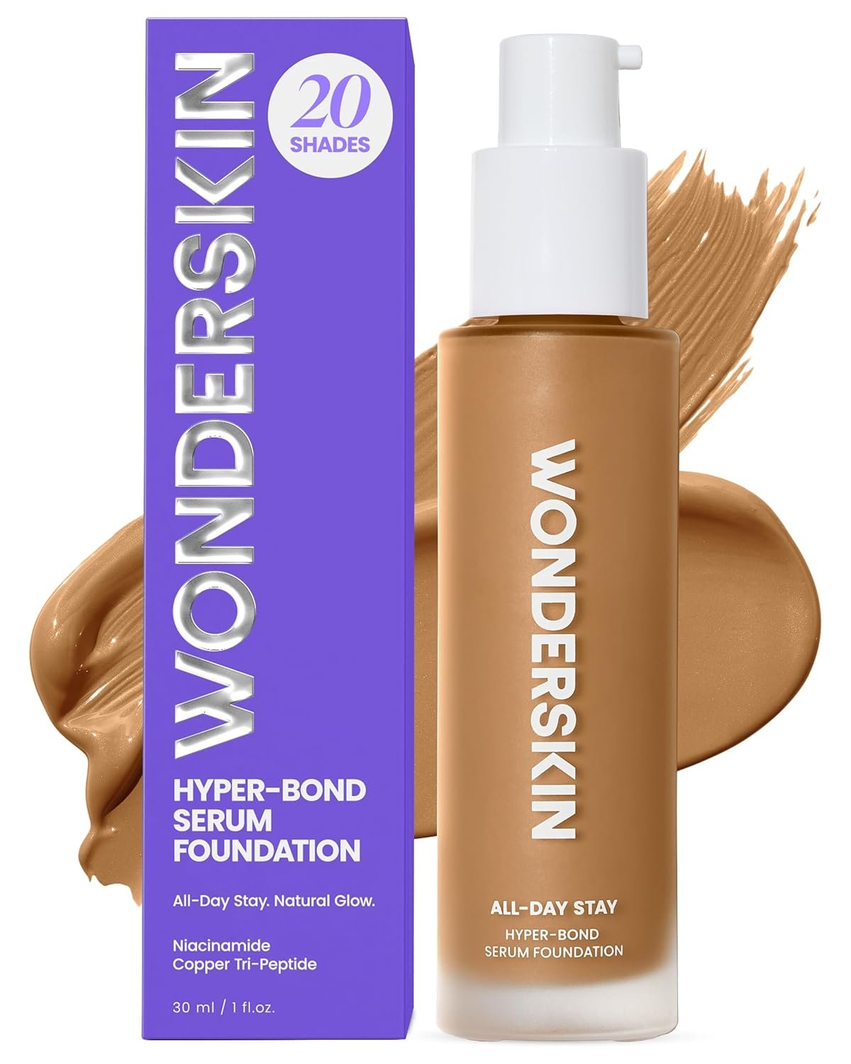 Wonderskin Hyper Bond All-Day Stay Serum Foundation – Waterproof, Transfer-Proof, 24HR Longwear Face Makeup with Niacinamide & Hyaluronic Acid – Lightweight, Natural Finish (Afterglow)