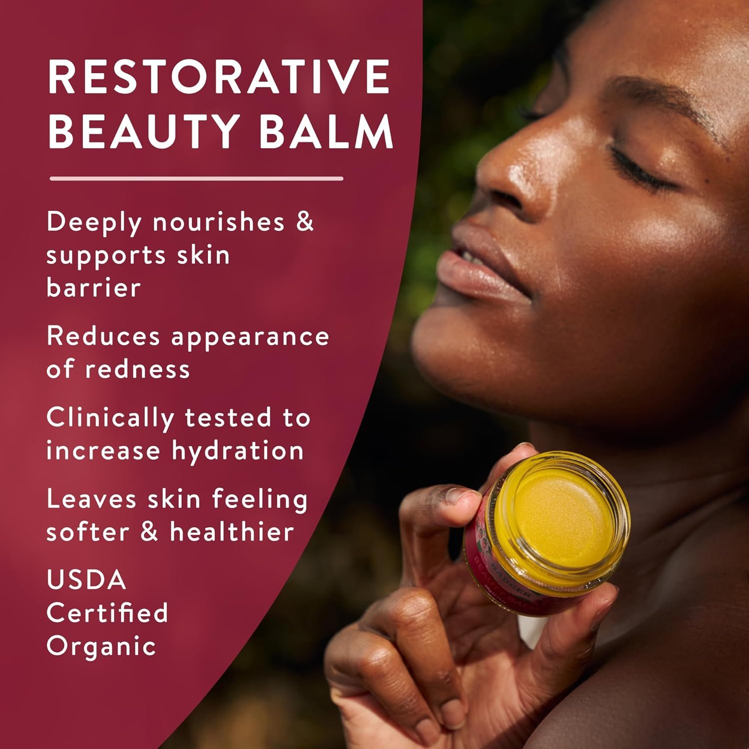Badger Rose Beauty Balm, 100% Organic Nourishing Treatment For Face, Neck & Hands w/Pure Rose Essential Oil, Intensive Long Lasting Face Moisturizer for Women & Men, 1 oz Glass Jar - Image 2