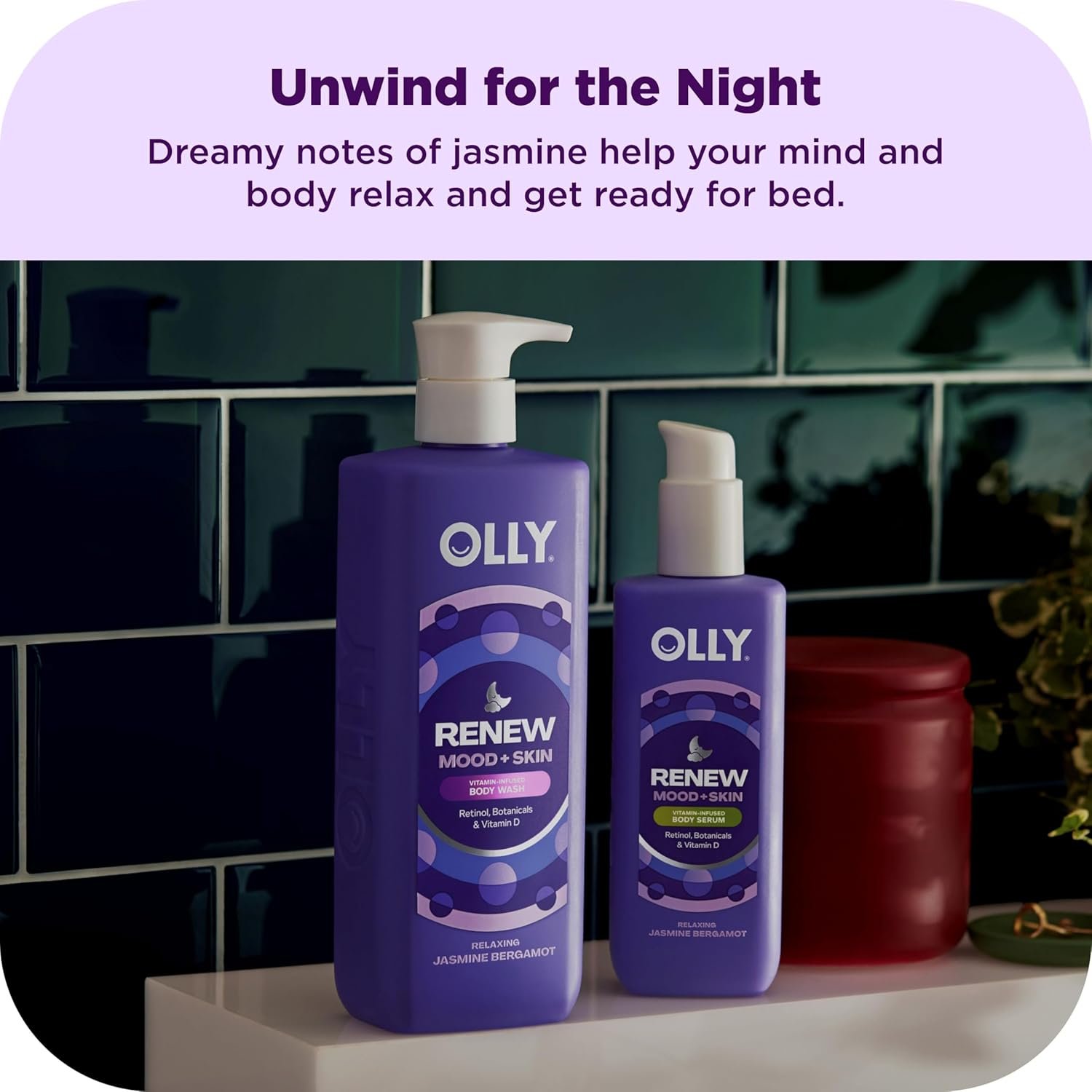 OLLY Rest & Rise Body Care Set – Day & Night Regimen – 2 Body Washes + Body Serum Lotion + Scrub – With Vitamin D, Retinol, Botanicals & Vitamin C– Nourishing, Hydrating – 4 count - Image 4
