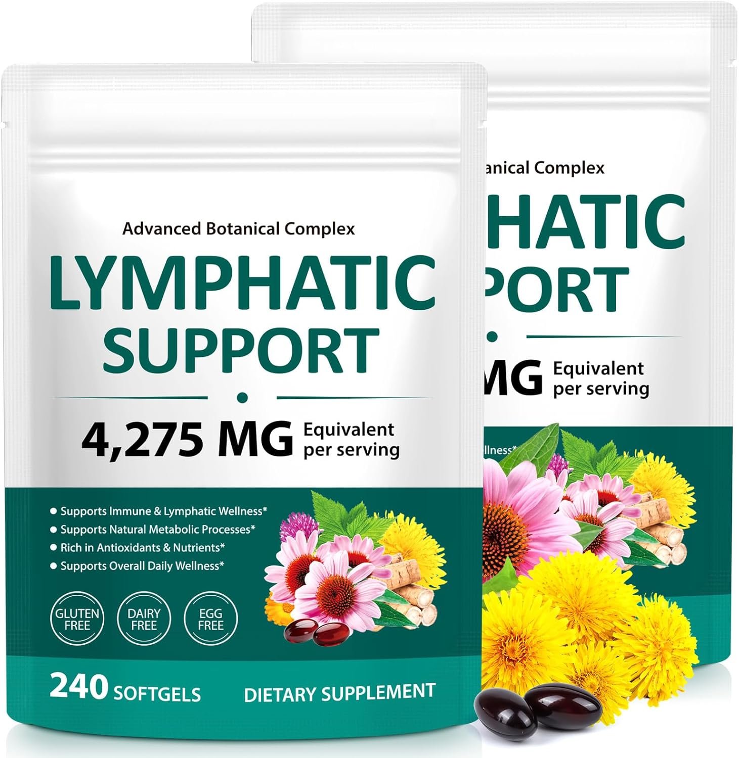 Lymphatic Drainage Supplements, 4275mg Herbal Blend for Immune and Fluid Health for Men Women,with Dandelion, Burdock Root, Echinacea, Turmeric,240 Softgels for Lymph System Balance (Pack of 2)