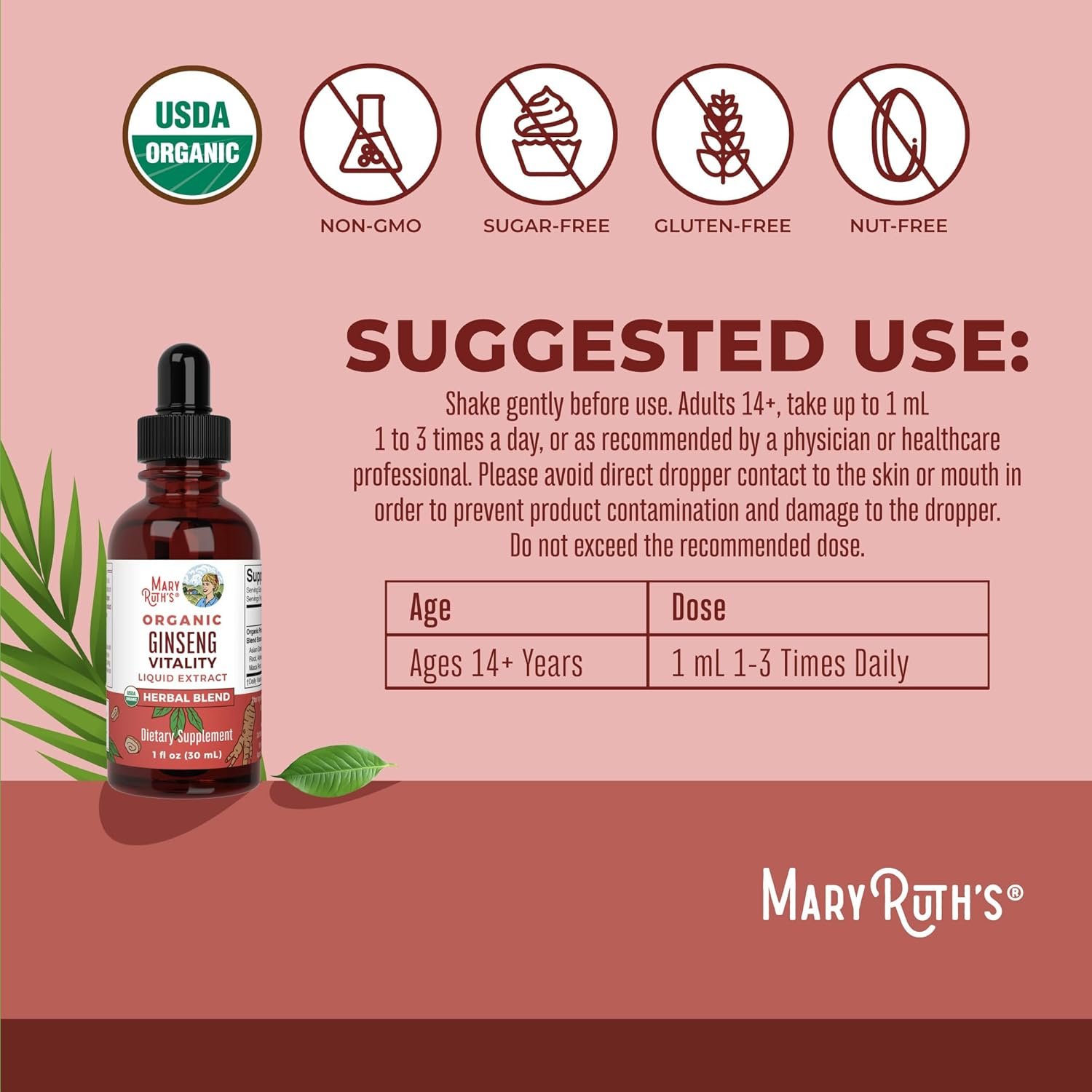 MARYRUTH'S Organics Herbal Supplement for Brain Function | Boost Energy | Memory | Vitality USDA | Ginseng with Ashwagandha | Eleuthero and Maca Root Extract | 1 Fl Oz - Image 3