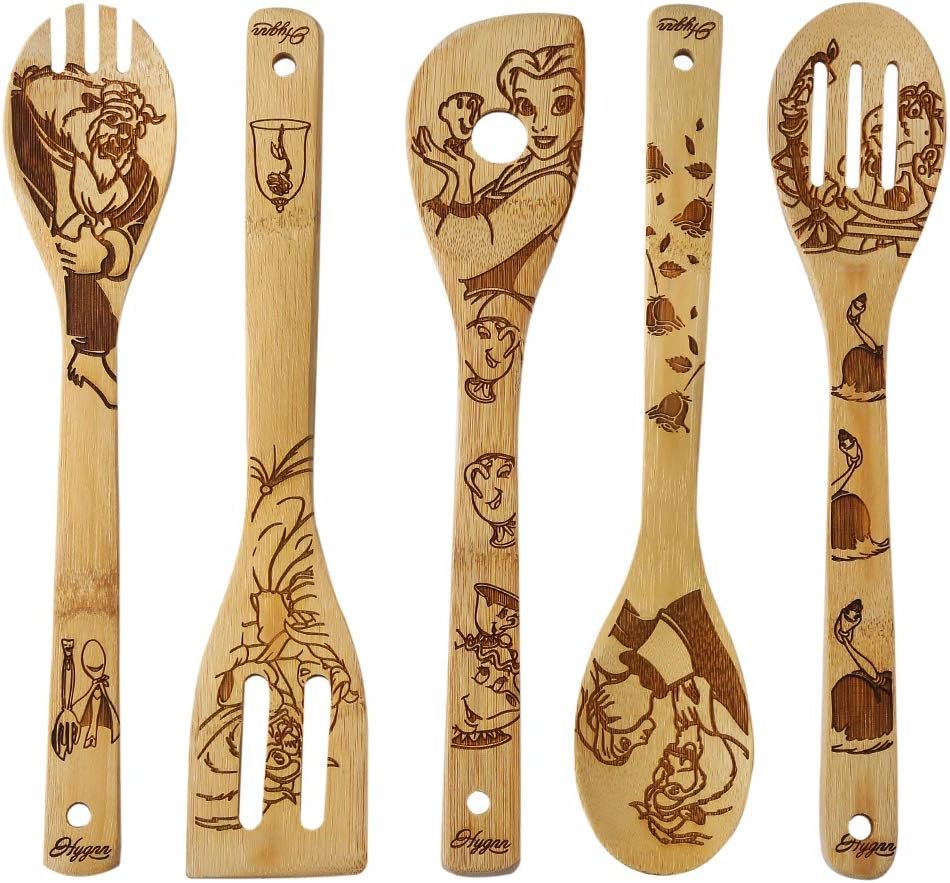 Beauty and the Beast Burned Wooden Spoons Cooking &Serving Utensils Set Bamboo Spoon Slotted Kitchen Utensil Fun Gift Idea Warming Present (Set of 5)