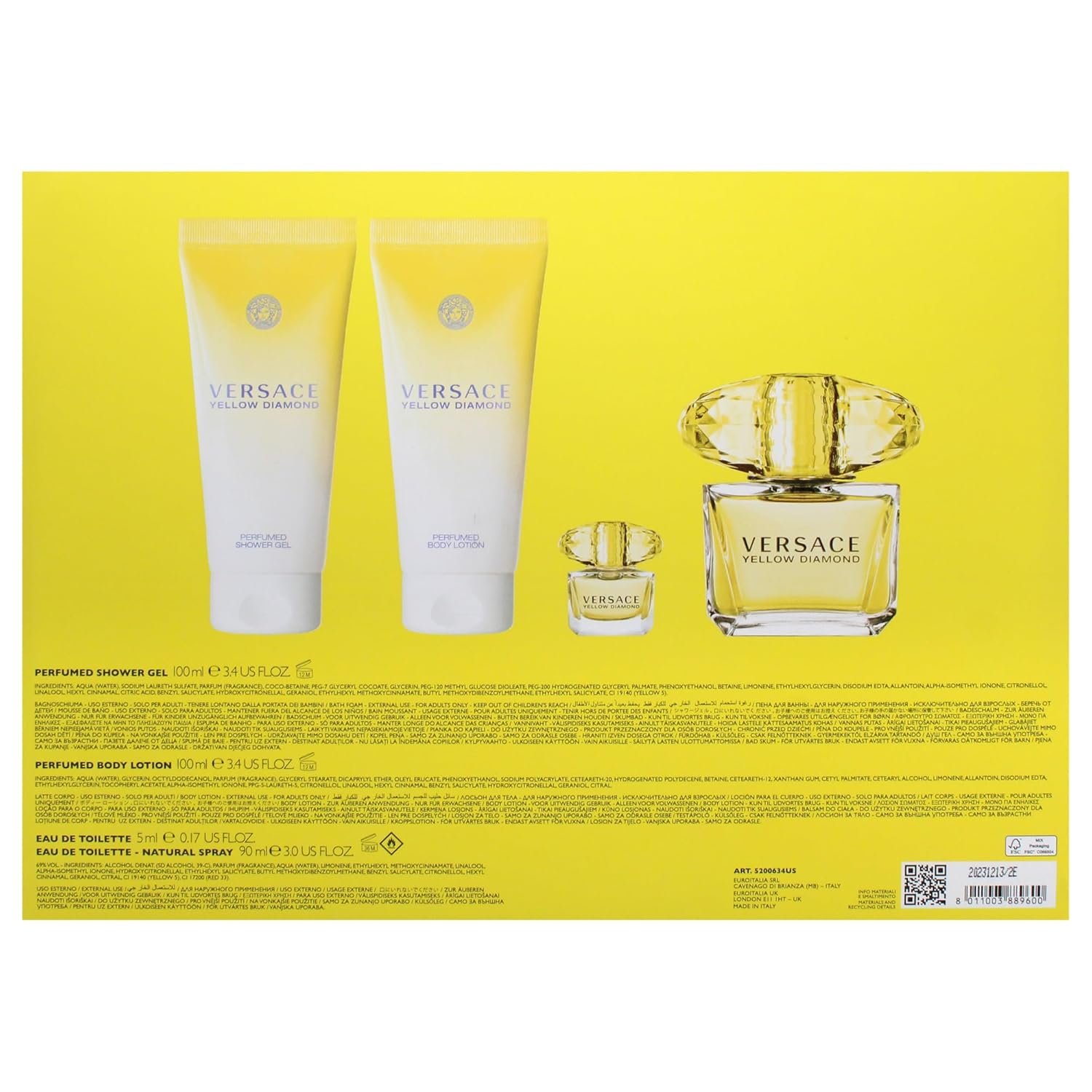 Versace Versace Yellow Diamond 3oz EDT Spray, 3.4oz Shower Gel, 3.4oz Body Lotion, 5ml EDT Rollerball Mini Women 4 Pc Gift Set - Image 4