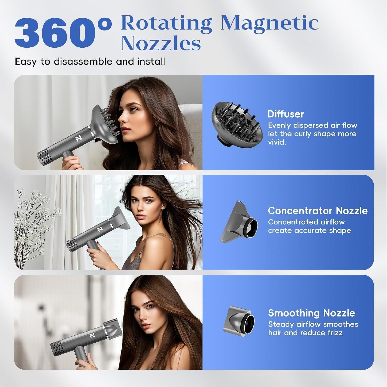 Natrial Ionic Professional Hair Dryer with Diffuser for Curly Hair,1600W&110000RPM High Speed Blow Dryer for Women,Fast Drying,Lock Function,Low Noise,Lightweight for Home Travel Salon,Gray - Image 6