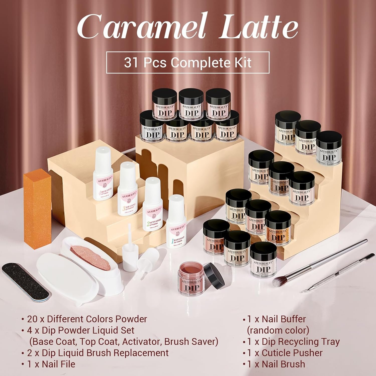 AZUREBEAUTY 31 Pcs Dip Powder Nail Kit 20 Colors Glitter Nude Brown Pink White Gray Dip Powder Liquid Set with Top/Base Coat Activator for French Nails Art Manicure DIY Salon Women Valentine's Gift - Image 6