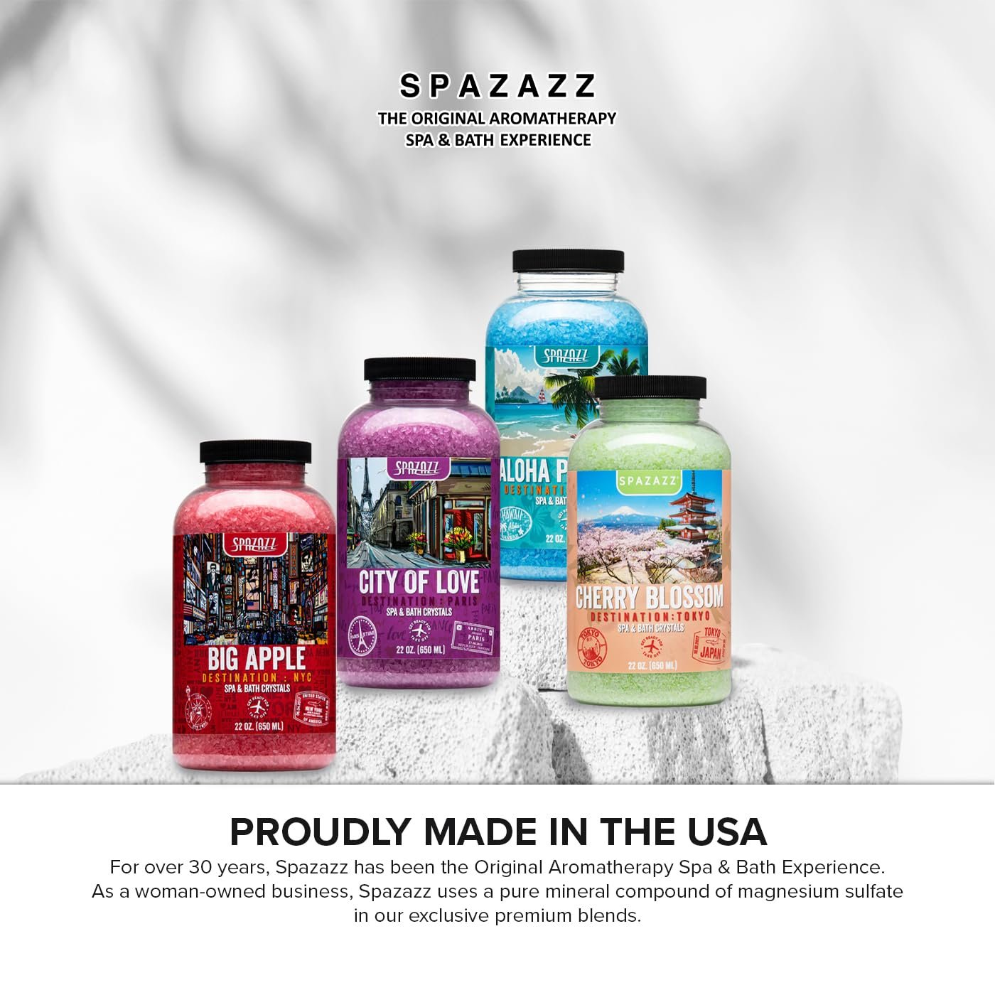 Hot Tub & Spa Aromatherapy Bath Salt Crystal Scents Spazazz Destinations Collection Bundle Aloha Paradise, Big Apple, City of Love, Cherry Blossom - Skin Moisturizer - Will Not Damage Spas & Hot Tubs - Image 4