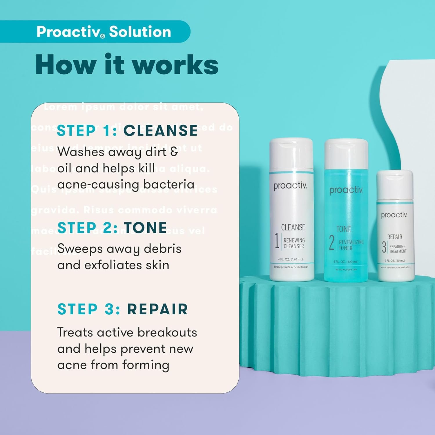 Proactiv 3 Step Acne Treatment System, 60 Day Complete Skincare Kit with Benzoyl Peroxide Cleanser, Toner, Repairing Treatment, and 15‑Count Pimple Patch - Image 3