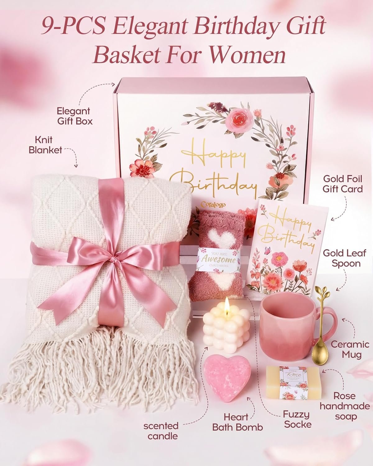 Rose Themed Birthday Gifts for Women - Pink Birthday Spa Gift Basket for Women Unique 9pcs Self Care Gift Basket with Plush Knit Blanket for Mother Wife Girlfriend Bestie Her - Image 2