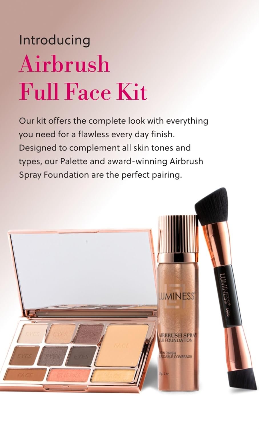 LUMINESS Face Time All In One Makeup Kit - Includes Face Palette, Airbrush Foundation, and Makeup Brush - Long-Wearing, Silky, Soft, Easy to Blend, 3-PC Make Up Set (03 - Light Medium) - Image 2