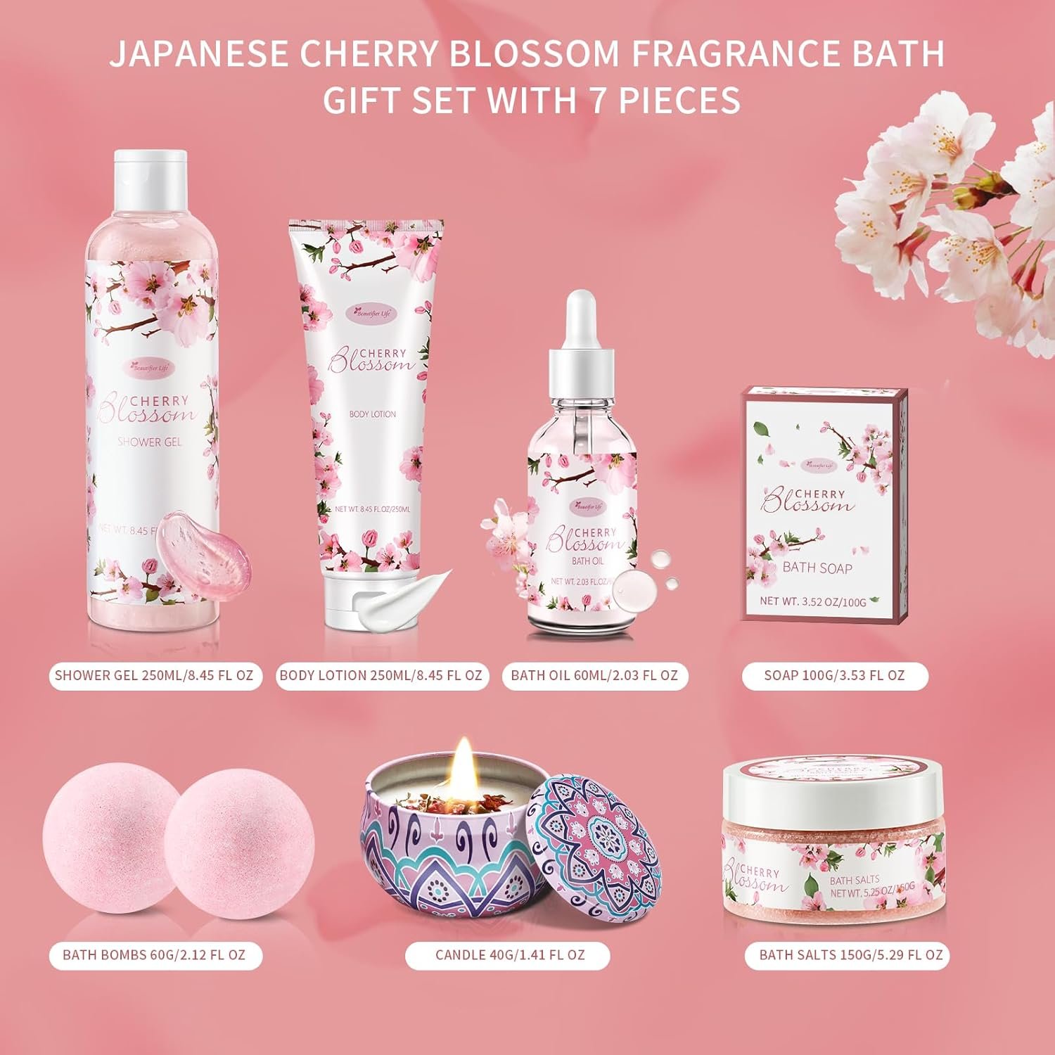 Beautifier Life Bath and Body Gift Set for Women - Luxurious Home Spa Gift Set,Japanese Cherry Blossom 7-Piece Set Including Shower Gel,Body Lotion,Bath Oil,Bath Salt,Soap,Bath Bombs and Candle - Image 3