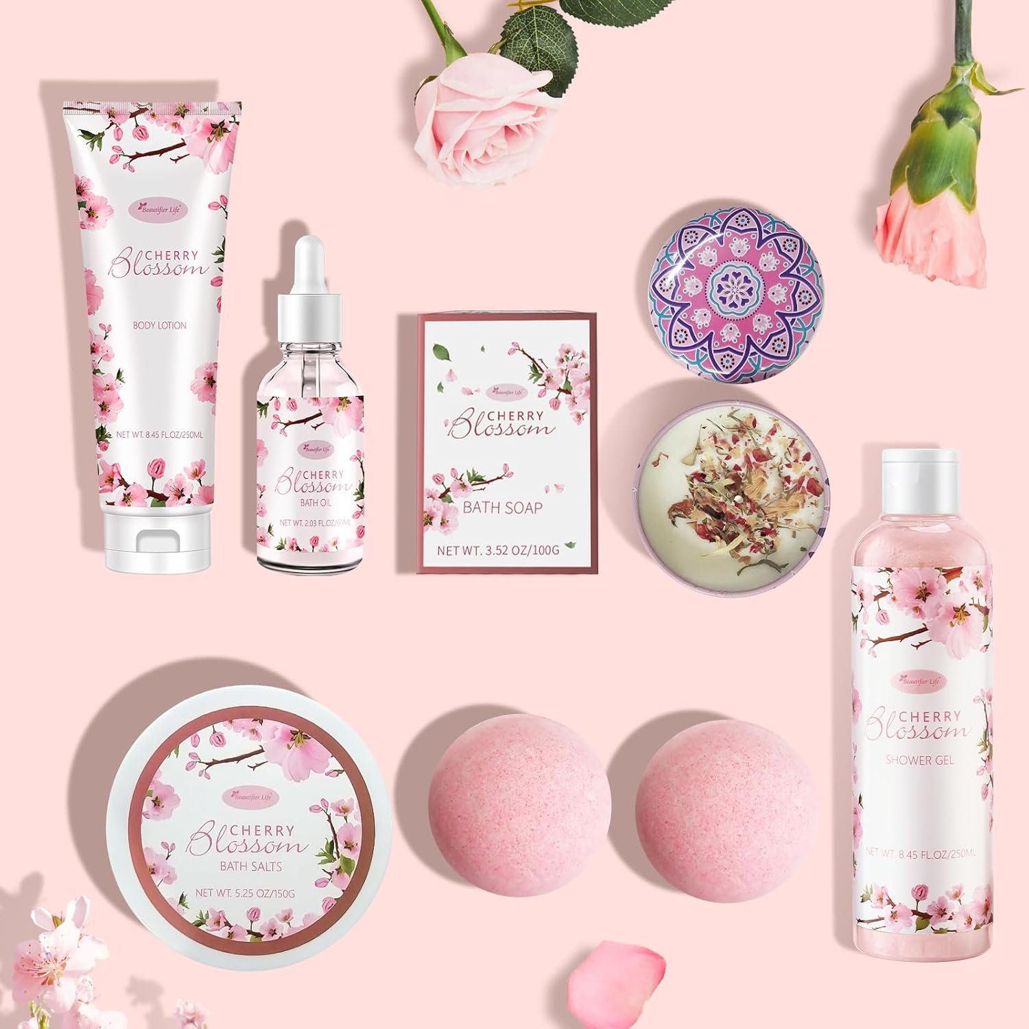 Beautifier Life Bath and Body Gift Set for Women - Luxurious Home Spa Gift Set,Japanese Cherry Blossom 7-Piece Set Including Shower Gel,Body Lotion,Bath Oil,Bath Salt,Soap,Bath Bombs and Candle - Image 4