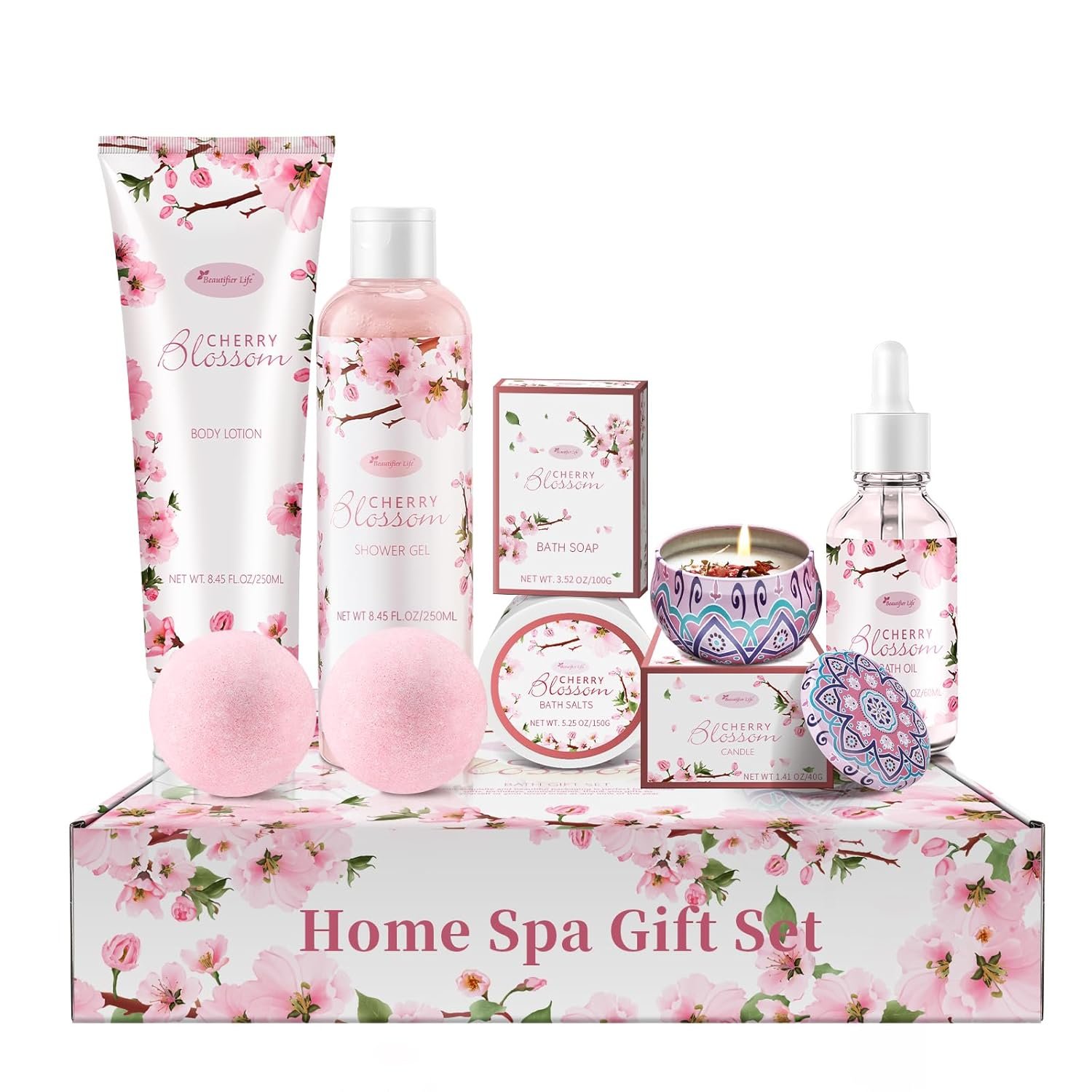 Beautifier Life Bath and Body Gift Set for Women - Luxurious Home Spa Gift Set,Japanese Cherry Blossom 7-Piece Set Including Shower Gel,Body Lotion,Bath Oil,Bath Salt,Soap,Bath Bombs and Candle - Image 9