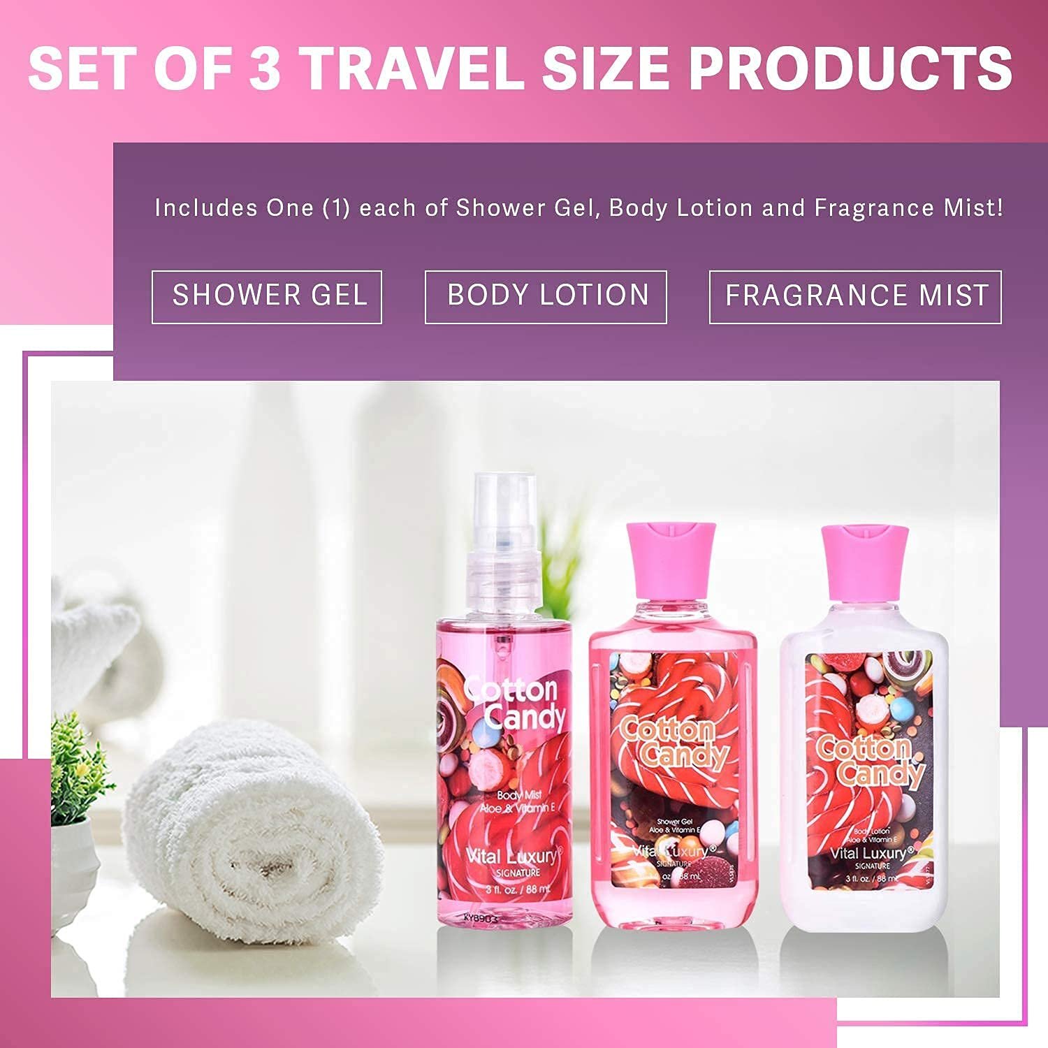 Bath and Body Gift Set, Cotton Candy Scented, 3-Piece Travel Size Collection, Shower Gel, Body Lotion, Body Mist, 3 Fl Oz Each (Cotton Candy) - Image 4