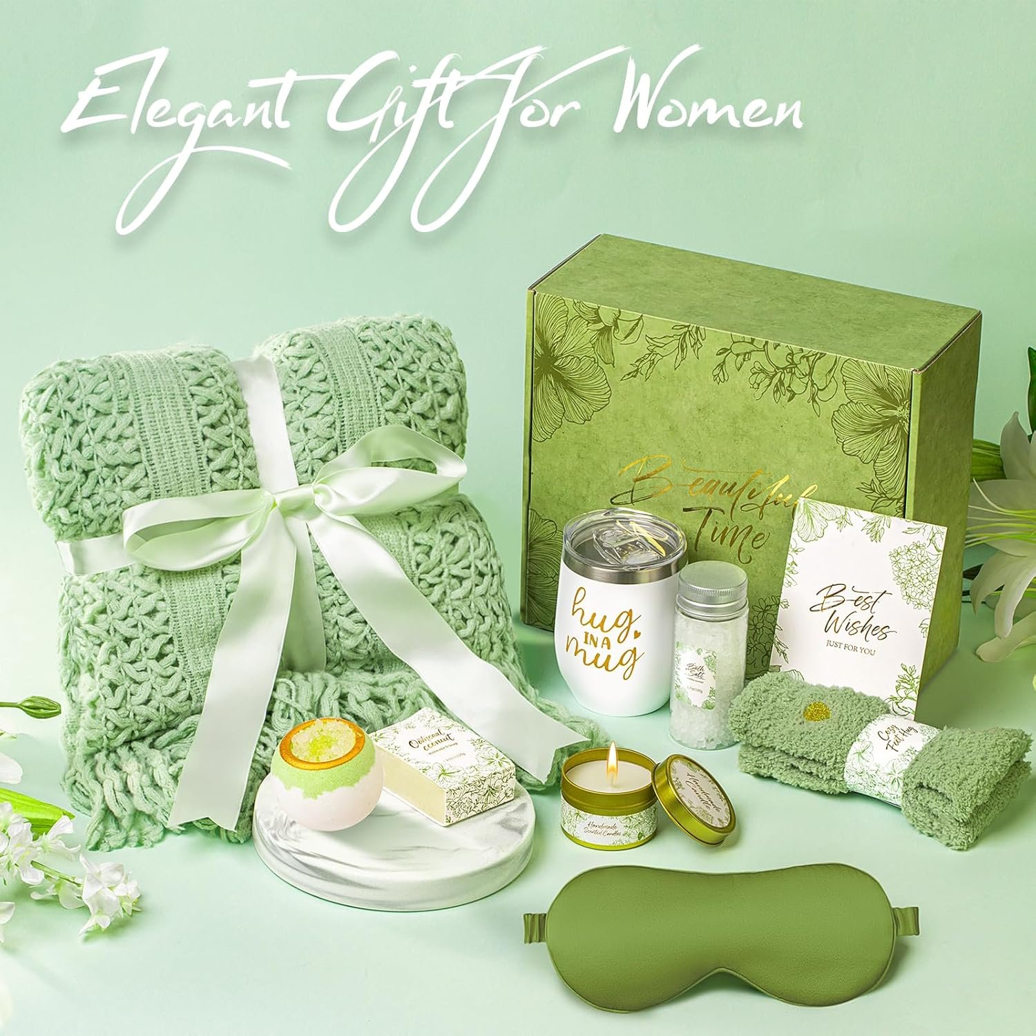 Mothers Day Gifts for Mom Wife Grandma, Self Care Gift Baskets for Women - Knitted Throw Blanket Spa Set, Get Well Birthday Care Package for Her Friend Sister - Image 4