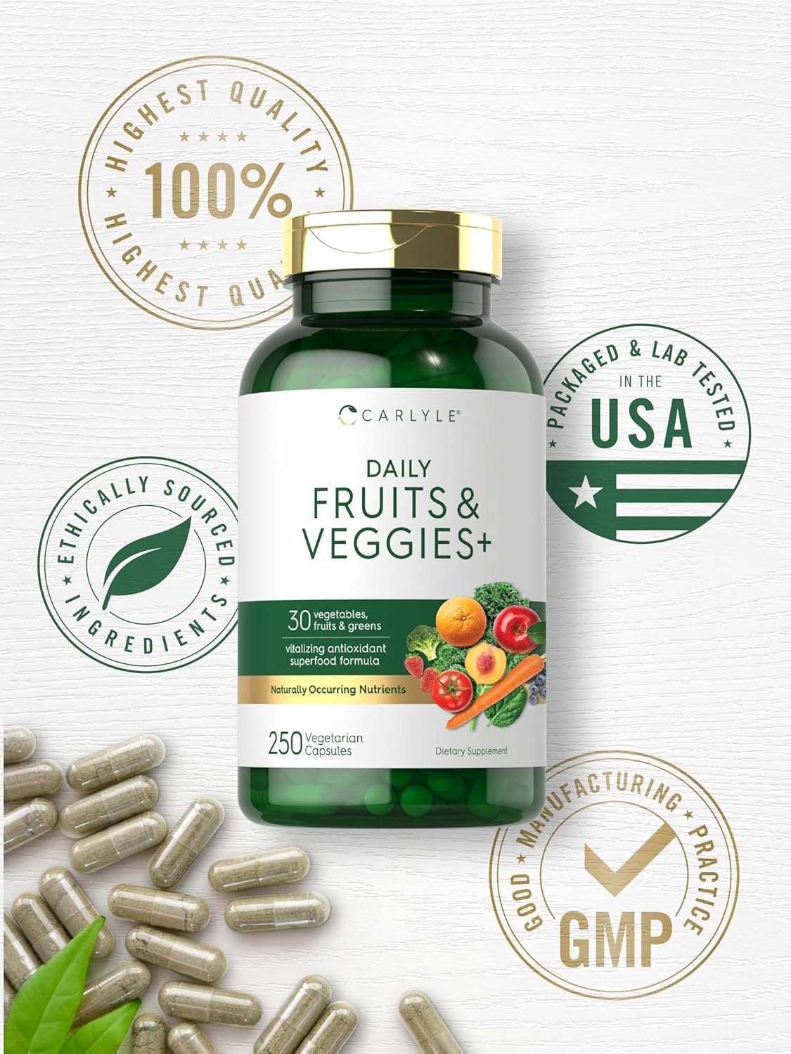 Carlyle Fruits and Veggies Supplement | 250 Capsules | Made with 30 Fruits and Vegetables | Vegetarian, Non-GMO, Gluten Free Superfood Formula - Image 6