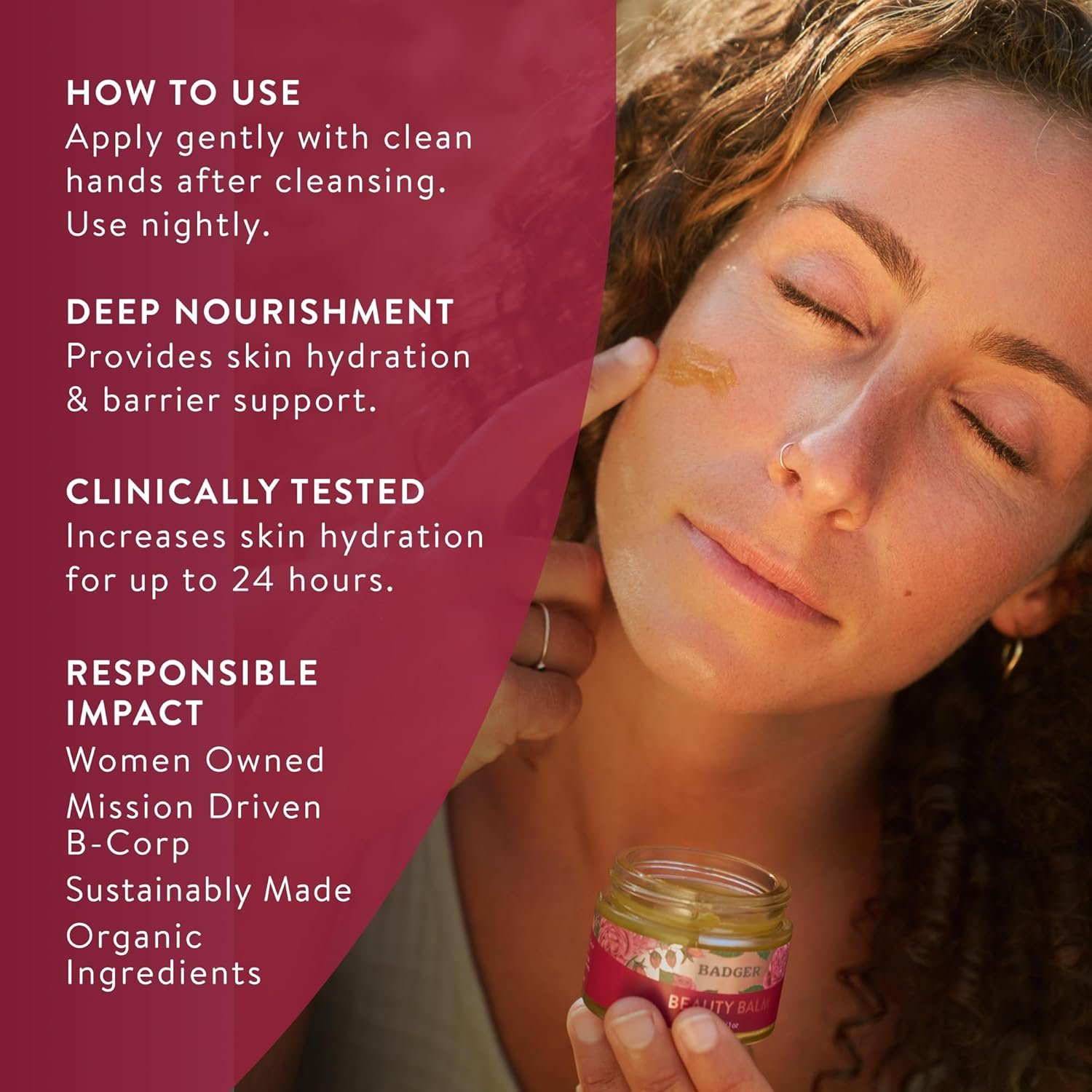 Badger Rose Beauty Balm, 100% Organic Nourishing Treatment For Face, Neck & Hands w/Pure Rose Essential Oil, Intensive Long Lasting Face Moisturizer for Women & Men, 1 oz Glass Jar - Image 5