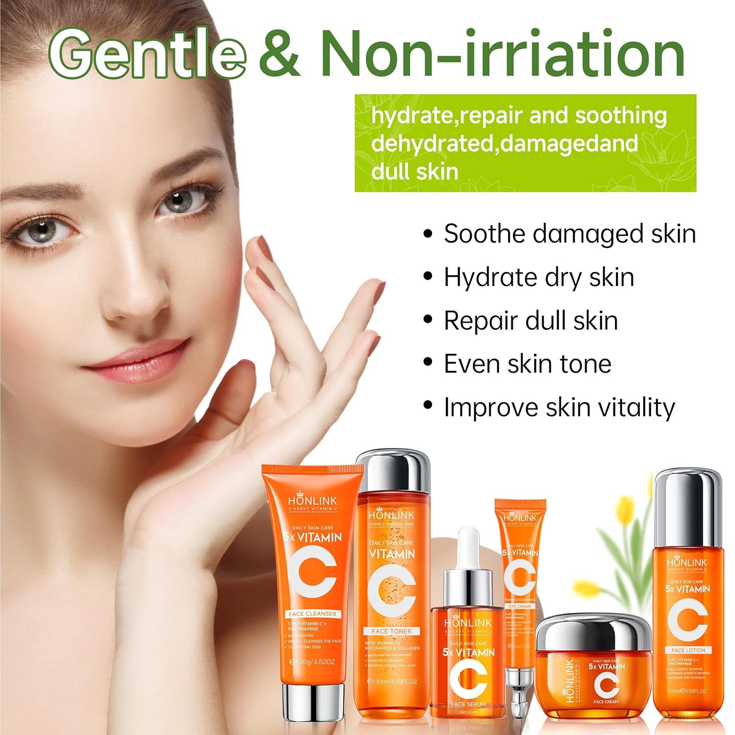 Glown 6-Piece Hydrating Skincare Set with Vitamin C & Niacinamide | Face & Body Care Kit with Cleanser, Toner, Serum, Moisturizer, Eye Cream & Body Lotion | Self-Care Gift Set for Women - Image 2
