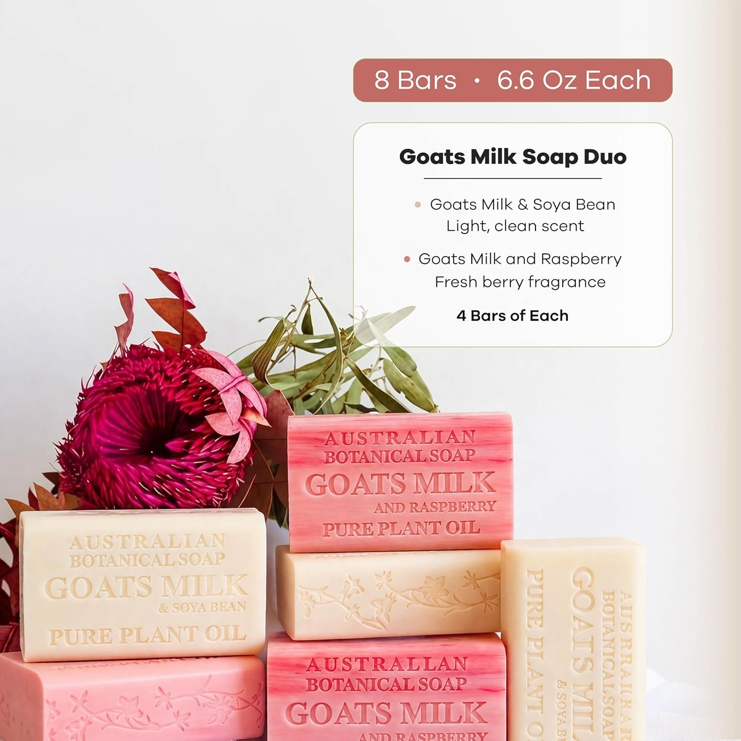 Australian Botanical Soap, Classic Goat Milk and Goat's Milk with Raspberry, 6.6 OZ, Triple Milled Bars made with Enriched with Organic Shea Butter, Pack of 8 - Image 3