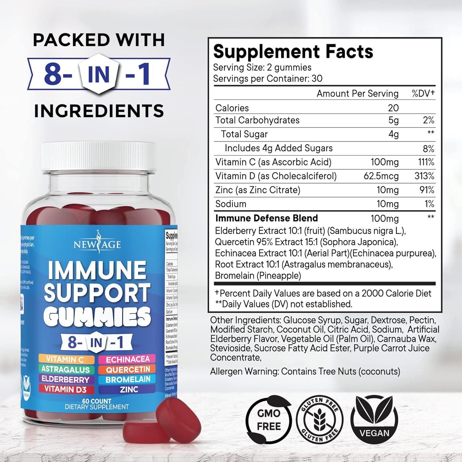 NEW AGE 8 in 1 Immune Support Booster Supplement with Astragalus Root, Vitamin C and Zinc 50mg, Vitamin D 5000 IU, Quercetin & Bromelain (8 in 1 Gummies (Pack of 2)) - Image 2