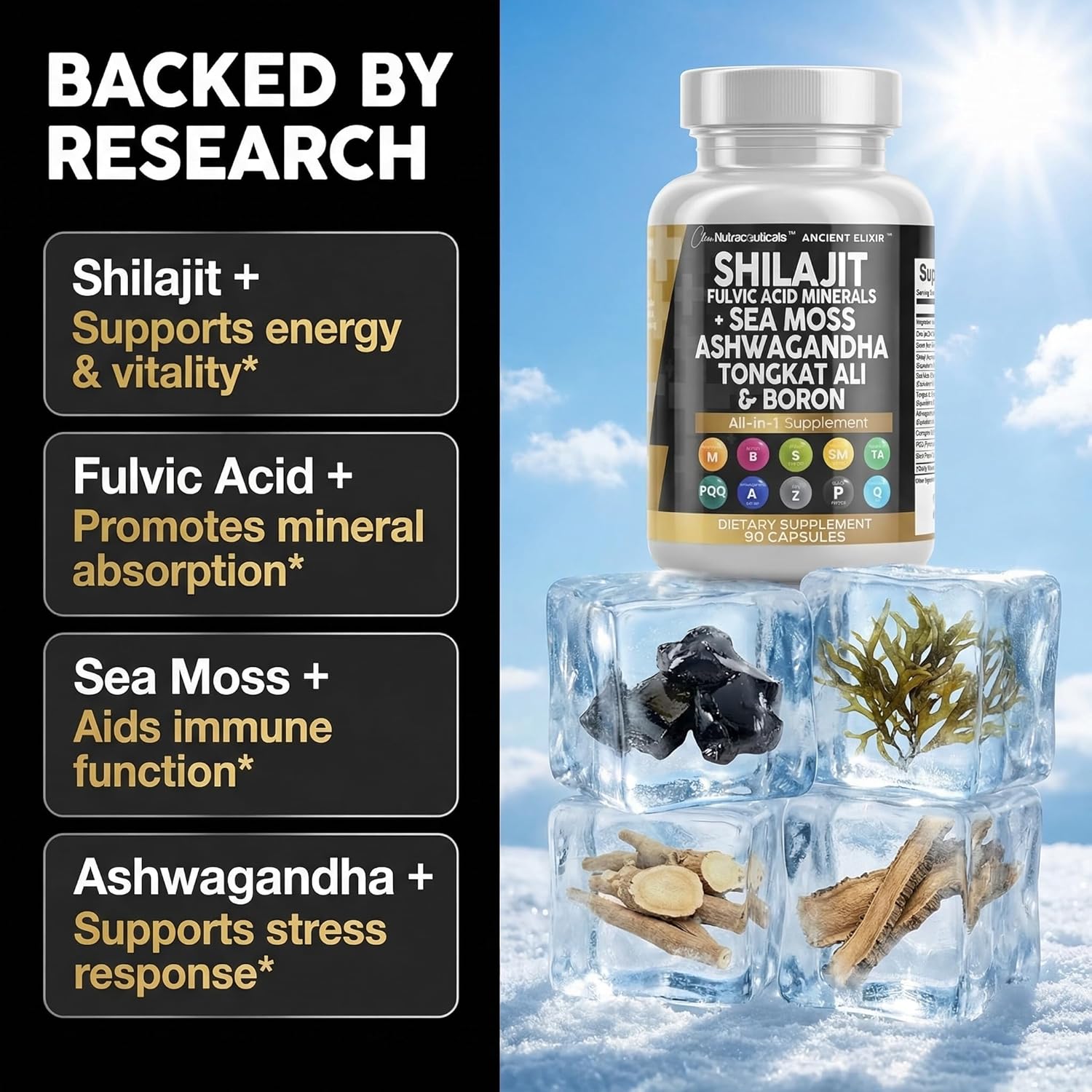 Clean Nutraceuticals Shilajit Supplement for Men with Sea Moss, Tongkat Ali, Ashwagandha, Boron, Zinc, CoQ10, PQQ - Fulvic Acid Capsules - Energy Support - 90 Count - Resin, Gummy & Powder Alternative - Image 2