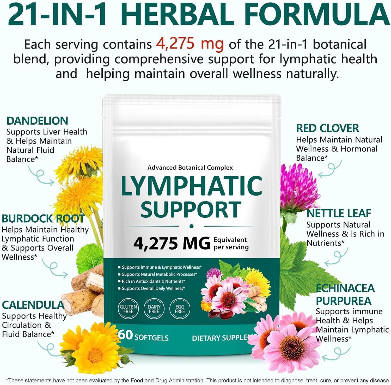FANSHI Lymphatic Drainage Supplements 60 Softgels | Herbal Blend with Echinacea, Dandelion & Burdock Root | Promotes Healthy Circulation & Fluid Balance | Supports Overall Daily Wellness - Image 4