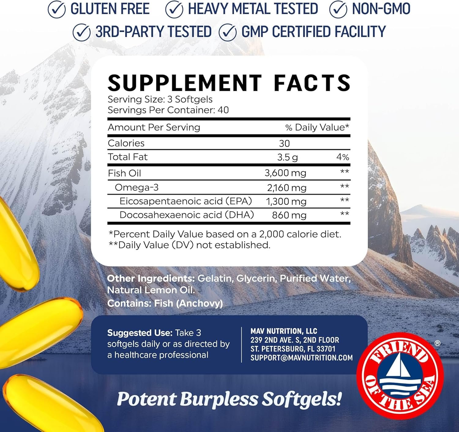 Triple Strength Omega 3 Fish Oil 3600 mg | EPA & DHA | Over 2100mg Omega-3 Fatty Acids | 1300mg EPA + 860mg DHA | Best Essential Fatty Acids | Premium Wild Caught & Burpless Fish Oil | 120 Ct - Image 6