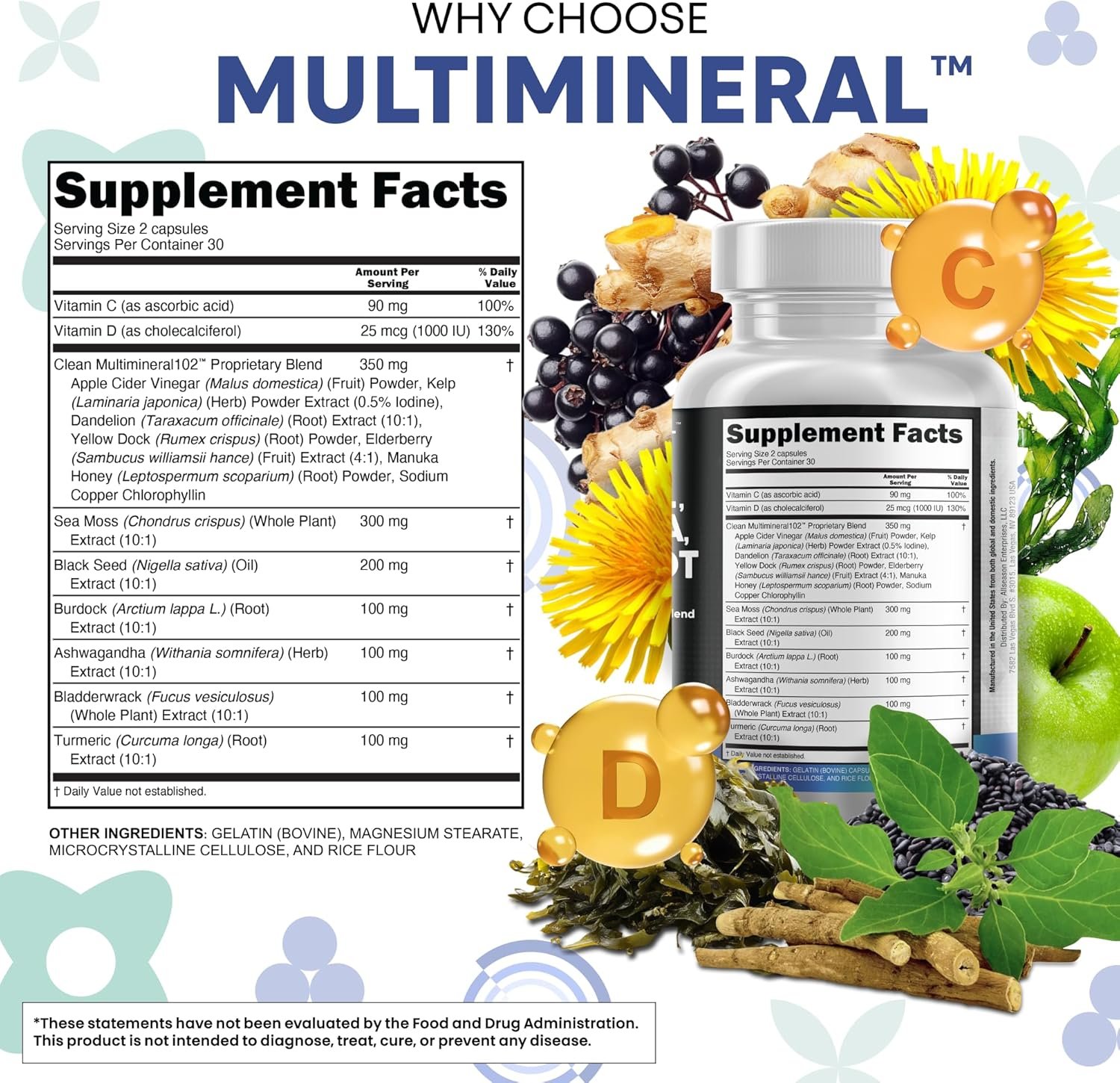 Clean Nutraceuticals Sea Moss Black Seed Oil Ashwagandha Turmeric Bladderwrack Burdock & Vitamin C Vitamin D3 with Elderberry Manuka Dandelion Yellow Dock Iodine Chlorophyll ACV - Image 5