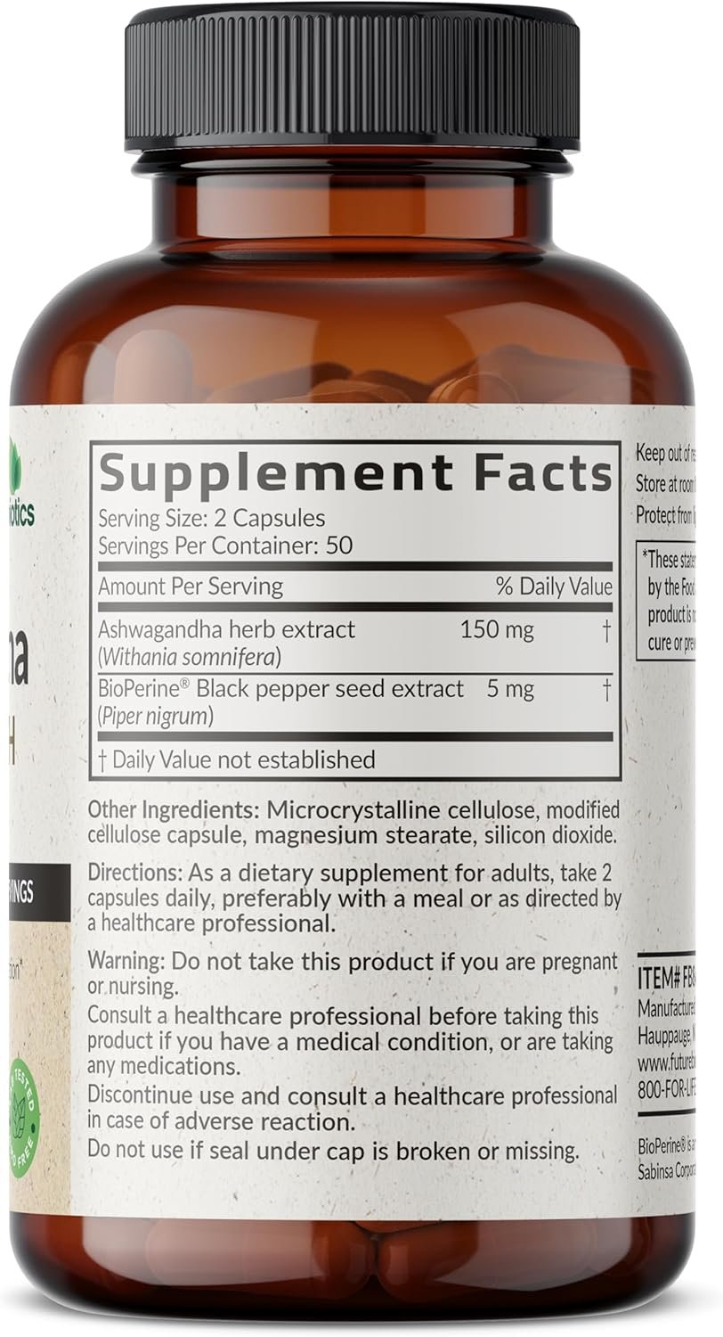 Futurebiotics Ashwagandha Extra Strength Stress & Mood Support with BioPerine - Non GMO Formula, 100 Vegetarian Capsules - Image 2