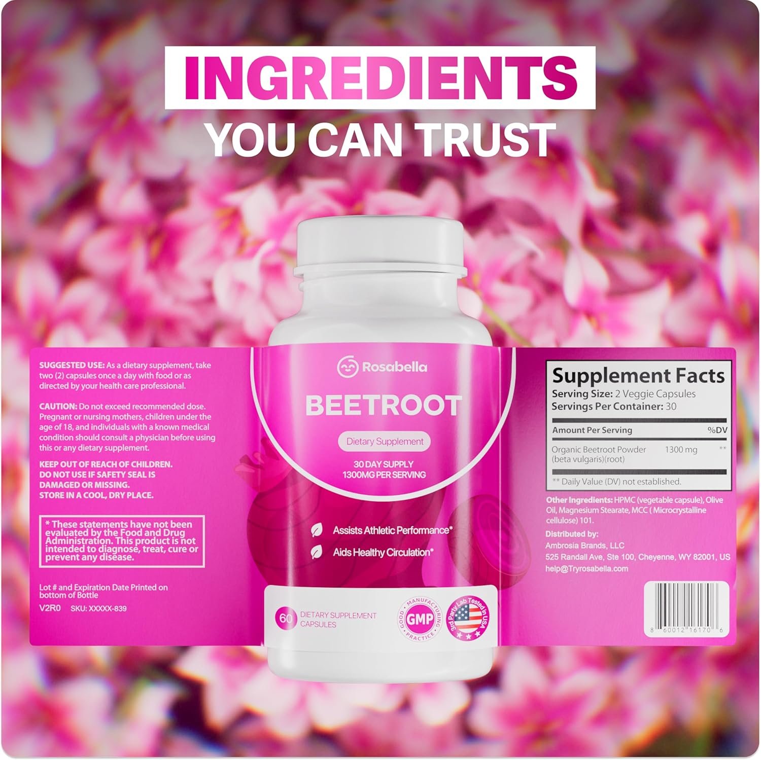 Rosabella Organic Beet Root Capsules - 1300mg Beet Root Powder Aids Healthy Circulation & Vitality, Non-GMO, Beet Root Supplement - 60 Capsules, 30-Day Supply - Image 2