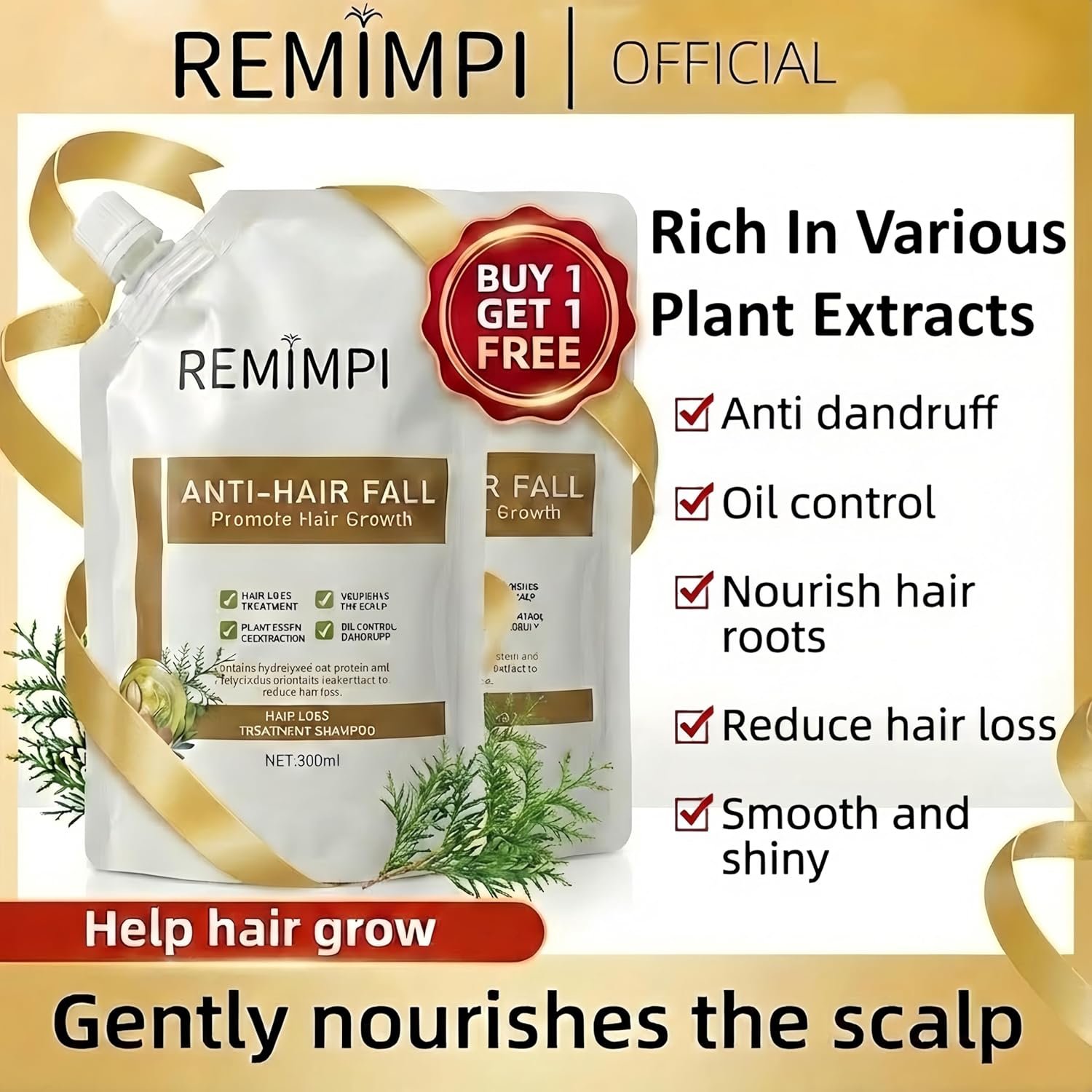 Authentic Anti Hair Loss Shampoo, Ginger & Ginseng Hair Growth Shampoo, Dandruff & Oil Control, 300ml (2 Pack) - Image 2