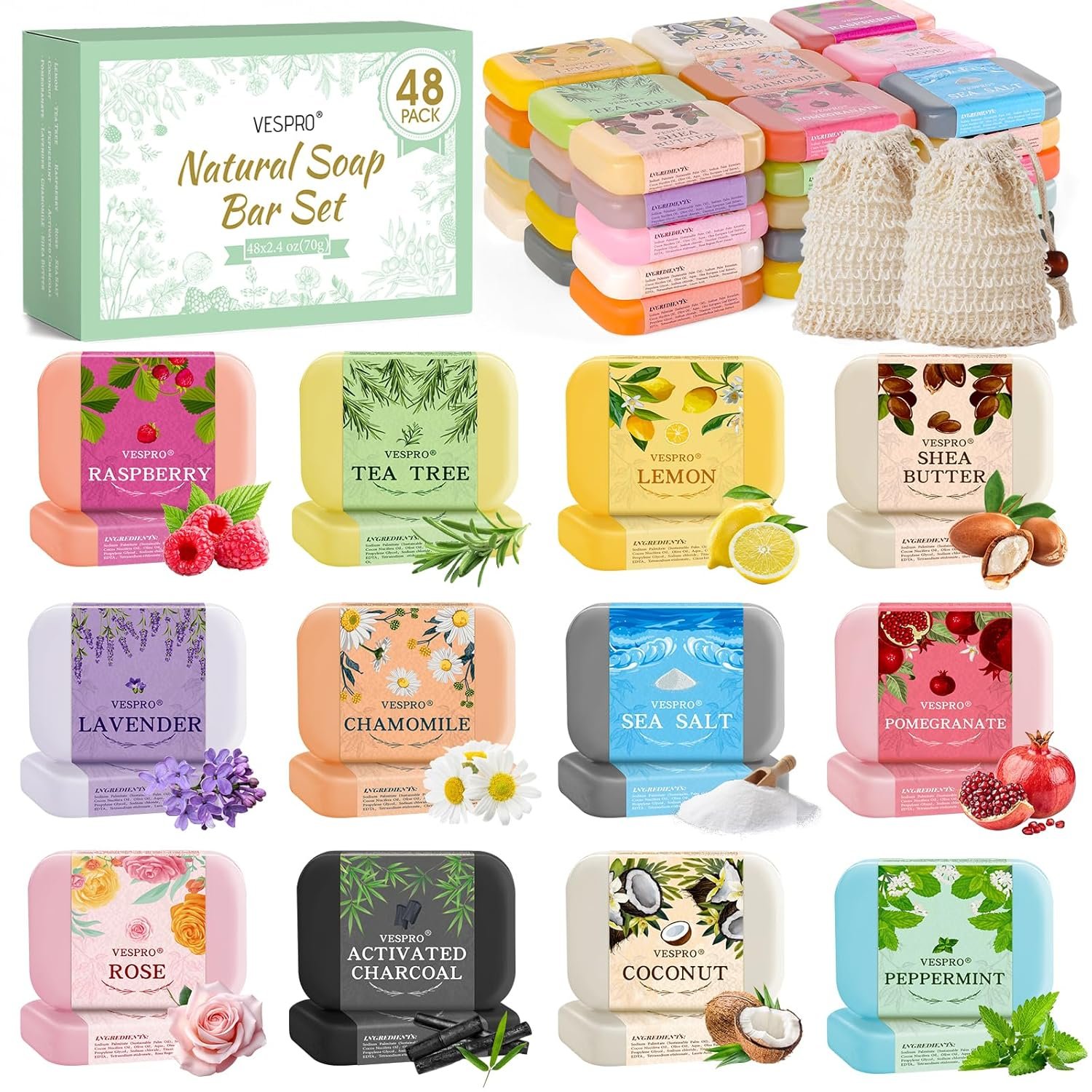 VESPRO Handmade Soap Bulk Gifts 48 Pack Natural Bar Soap Body Wash with Olive Extract, Ideal for Bridal Wedding Guest Favors, Thank You Gifts for Mom, Travel Bar Soap, Bar Soap Gifts For Women, Men