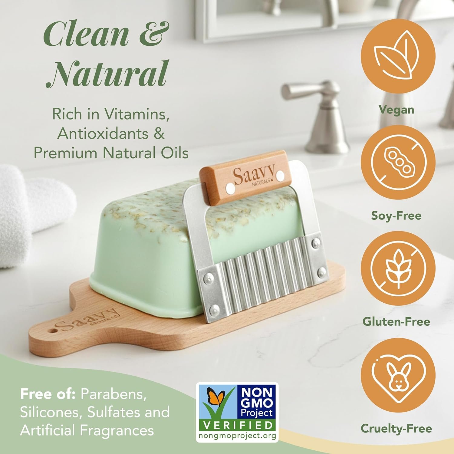 Saavy Naturals Hydrating & Purifying Artisan Soap Loaf with Cutter, & Wood Cutting Board – Plant-Based, Nourishing & Moisturizing Soap Gift for Men & Women – Minty Oat, 1lb - Image 5