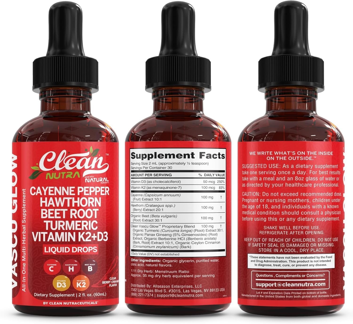 Clean Nutra Cayenne Pepper Drops Supplement Liquid + Hawthorn Berry, Vitamin D3 K2 Beet Root Powder, Ceylon Cinnamon, Turmeric Curcumin, Organic Panax Ginseng, Berberine Extract 1 Pack - Image 9