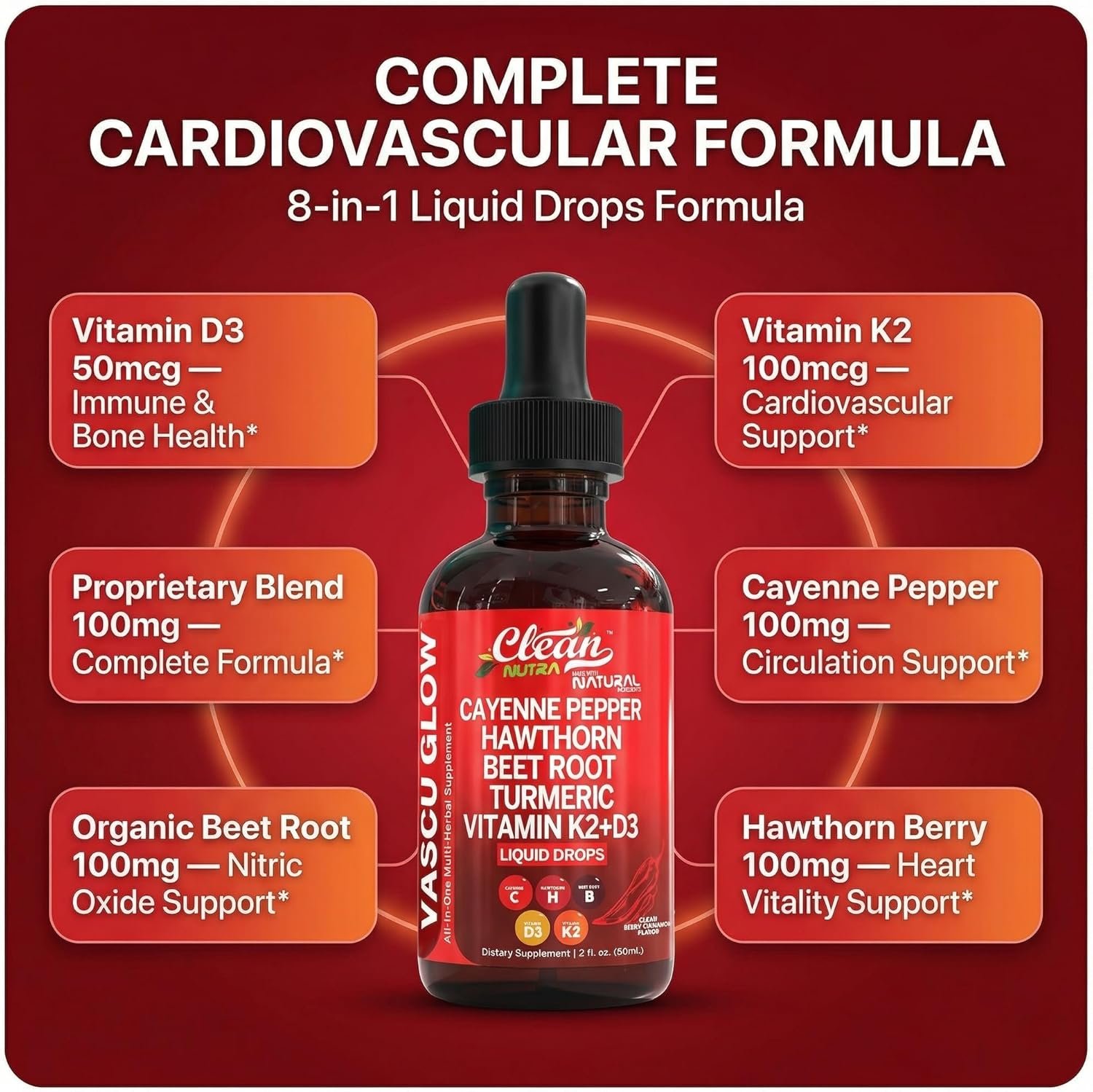 Clean Nutra Cayenne Pepper Drops Supplement Liquid + Hawthorn Berry, Vitamin D3 K2 Beet Root Powder, Ceylon Cinnamon, Turmeric Curcumin, Organic Panax Ginseng, Berberine Extract 1 Pack - Image 4