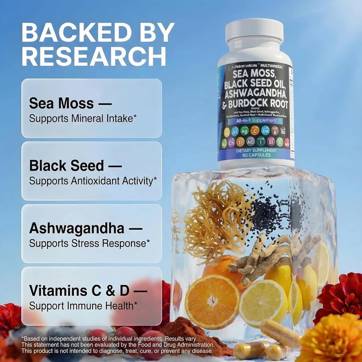 Clean Nutraceuticals Sea Moss Black Seed Oil Ashwagandha Turmeric Bladderwrack Burdock & Vitamin C Vitamin D3 with Elderberry Manuka Dandelion Yellow Dock Iodine Chlorophyll ACV - Image 3