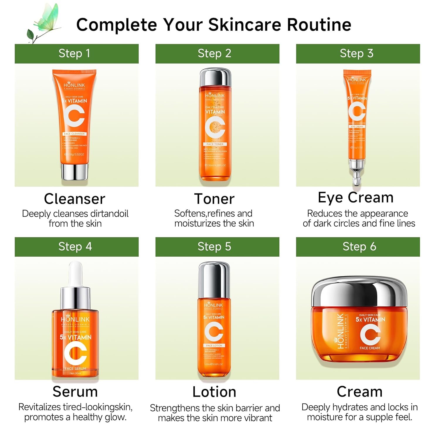 Glown 6-Piece Hydrating Skincare Set with Vitamin C & Niacinamide | Face & Body Care Kit with Cleanser, Toner, Serum, Moisturizer, Eye Cream & Body Lotion | Self-Care Gift Set for Women - Image 7