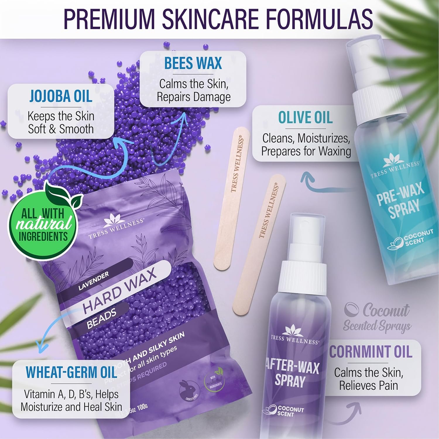 Tress Wellness Waxing Kit for Sensitive Skin, Safe for Face & Skin, Prep & Aftercare Spray, Easy to Use, At-Home Kit for Face, Bikini, Brazilian & Full Body - Digital Display, Black Purple Flower - Image 4